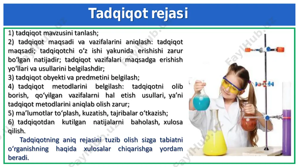 ziladi. eng oddiy o‘lchov vositasi – chizg‘ich yordamida obyektlarning uzunligi, kengligi va balandligini o‘lchash mumkin. jismlarning massasini o‘lchash uchun tarozilar, haroratni o‘lchash uchun esa termometrlardan foydalaniladi. siz vaqtni o‘lchash asbobi – soatni yaxshi bilasiz. murakkab o‘lchovlarni amalga oshirish uchun maxsus qurilmalar, masalan, qon bosimini aniqlash uchun elektron tonometr, atmosfera bosimini aniqlovchi barometrlar ishlab chiqilgan. tanometr chizg‘ichlar tarozilar tajriba – eksperiment  tajriba – eksperiment (lotincha eksperimentum – “sinov”, tajriba) kuzatishga qaraganda ancha murakkab amaliy metod hisoblanadi. organizmlar uchun qulay bo‘lgan muhit suniy yaratib beriladi, shu muhitda ularda yuz beragigan jarayonlar o’zgarishi o‘rganiladi. barcha ko‘rsatkichlar tadqiqot kundaligiga batafsil qayd etib boriladi. olingan ma’lumotlar taqqoslanib, tajriba davomida namlik miqdorining o‘simliklar o‘sishi va rivojlanishiga qanday ta’sir qilishi haqida xulosa chiqariladi. modellashtirish  modellashtirish obyekt yoki hodisani ularning modellari yordamida o‘rganishdir. model nima? masalan, globus – yerning modeli, akvarium – suv havzasining modeli.  modellashtirish – bu tadqiqotchiga ma’lumotlarga asoslanib, tabiiy jarayonlarni bashorat qilish …
