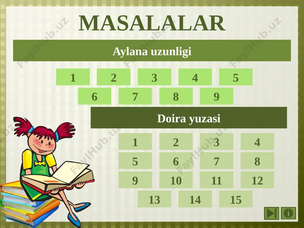 nik s primerom (dvajdi) 3. pri zavershenii raboti so slaydom najimaem na mini-izobrajenie v pravom nijnem uglu 9 aylana radiusini toping 6 1) 2) …………. 3) …………. …………. 1. najat na mini-izobrajenie devochki v pravom nijnem uglu. 2 dlya vizualizatsii javoba – najat na pryamougolnik s primerom (dvajdi) 3. pri zavershenii raboti so slaydom najimaem na mini-izobrajenie v pravom nijnem uglu 10 aylana yoyi burchagini toping 7 1) 2) …………. 3) …………. …………. 1. najat na mini-izobrajenie devochki v pravom nijnem uglu. 2 dlya vizualizatsii javoba – najat na pryamougolnik s primerom (dvajdi) 3. pri zavershenii raboti so slaydom najimaem na mini-izobrajenie v pravom nijnem uglu 11 to'g'ri burchakli uchburchakda yarim doira chizilgan .uchburchakdan tashqarida joylashgan yarim o'lchamdagi yoy uzunligini toping (rasm). 8 a o javob tekshirish 36º s v 6 sm k algoritm deystviy: najat na mini-izobrajenie devochka v pravom nijnem uglu. najat na blok s nadpisyu «risunok» – …