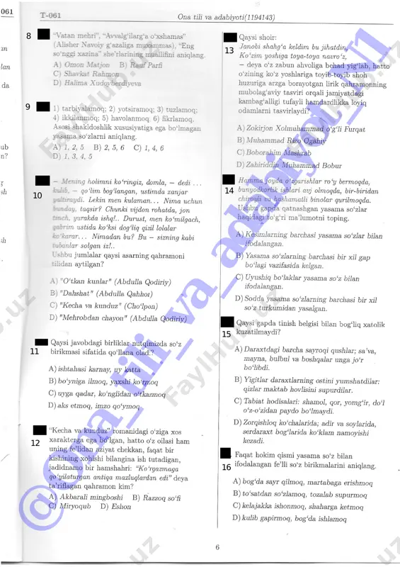 olgan ota obrazi mavjud. b) ushbu asarda domla-imomning bir necha kundan buyon bo'kib qolgan ho'kizini so'yish o'rniga soppa-sog' eshagini so'yib qo'ygan bolaning holati hajv yo'li bilan tasvirlangan. c) ushbu asarda otasining yoniga baliq bo'\ib suzib borishni orzu qiladigan, bobosi aytib bergan ertak ta'sirida ota-bob olar qadriyatl ariga ehtirom ruhiyati bilan ulg'ayayotgan bola obrazi mavjud. d) ushbu asarda oltin baldog'ini yo'qotib qo( y gan, clayinegachisining ctristovi bilan folbinga borgan va oradan vaqt o'tib o'sha baldoqni sandig'idan topib olib, qo'shnisini nohaq aybdor qilib qo'yganidan mulzam bo'lgan ona haqida hikoya keltirilgan. 51. asosida jarangli undosh ishtirok etgari yasama mavhum otlar berilgan javobni aniqlang. a) taroqlar, bezakni b) do'stlik, yaxshilik c) hasadn\ orzumga d) ochiqlik, hokimlik 52. qaysi javobda yuklamalarning ikki ma'no turi qo'llangan? a) do'stim, bu gaplar kitoblardagina bor, xo)os, hayot boshqa. b)bu holat bahorda ham bilinmaydi, faclat yozda bilinadi. c) odamlar meni ko'rishmasin, faqat mehnatimnj ko'rjshsjn deyman. d) qarshiligi shundoq ham ko'rinib …