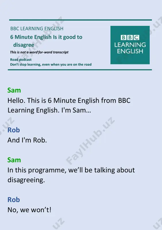 which it's not just that i don't accept your point of view, is that, i actually really think you’re a lesser human being. rob right, so esther explains that bad disagreement is a battle – one person tries to take a higher position in the hierarchy. a hierarchy is a way of organising people according to their importance. sam so, a disagreement doesn’t go well if one person thinks they’re more important than someone else. and according to esther, things also don’t go well if someone has contempt, which is a dislike or lack of respect for someone or something. rob and contempt in a bad disagreement can be more than just not liking somebody’s point of view – their perspective on something – it could be thinking someone is a lesser human being. sam ouch! that’s not nice. let’s think more now about good disagreement. the bbc podcast 'seriously' …