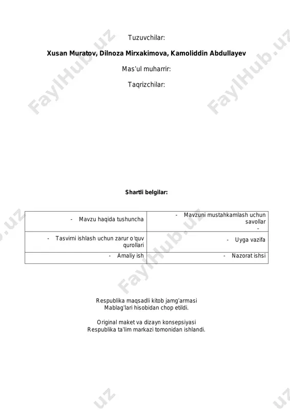 t mavzusida abstrakt kompozitsiyasini kompyuter grafikasida chizish va bo‘yash 30-mazvu. tasavvurdagi modern avtomobilini ishlash 31-32-mazvu. plener (ochiq havoda ishlash) 33-mazvu. 4-nazorat ishi. “mening ixtiroim” mavzusida tasavvurdan rasm ishlash. 34-mazvu. ijodiy ko‘rgazma kirish aziz o‘quvchilar! “tasviriy san’at 6-sinf” darsligi bilan siz tasviriy san’atning yanada qiziqarli va zamonaviy qirralarini o‘zingiz uchun kashf etasiz. zamonaviy tasviriy san’atning rangba-rangligi va sehrli olami sizga o‘zining sirlarini ochib beradi. darslikda street-art, fluid-art, pop-art, 3d, doodling va zentangle kabi rasm ishlashning yangicha usullari, kinetik haykal yasash texnikasi, kompyuter grafikasida tasvir ishlash mavzulari yuzasidan bilim, ko’nikma va malakalarga ega bo’lasizlar. mazkur darslik sizlarning badiiy estetik didingizni shakllantiradi, ijodiy tafakkuringizni rivojlantiradi, innovatsion g’oyalar yaratishga o‘rgatadi, hamda kasb-hunar egallashga yo’naltiradi. tasviriy san’at darsligini o’zlashtirishingizda va mustaqil ijod qilishingizda muvaffaqiyat tilaymiz! i-chorak 1-mavzu: “yozgi ta’surotlarim” mavzusida kompozitsiya ishlash yoz faslida ta’tilga chiqib, odatda dam olish uchun tog‘ yon bag‘rlaridagi oromgohlarga, dam olish maskanlariga borasiz. u yerda yangi do‘stlar ortirib, ular bilan …