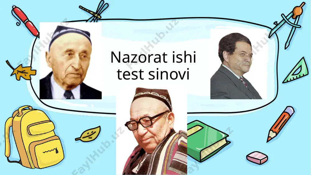 mlanadi? tamburim tovushi shu’lalar qo`ynida bulut mirtemir umrining oxirida qaysi she’riy to‘plamni tayyorladi? yodgor “yodgorlik” poytaxt mirtemir qaysi ijodkorlarning she’rlarini, dostonlarini o‘zbekchaga o‘girgan? 1) pushkin; 2) lermontov; 3) nekrasov; 4) shevchenko; 5) homer; 6) sh. rustaveli; 7) hayne; 8) tagor; 9) maxtumquli; 10) berdaq; 11) n. hikmat; 12) yesenin. hammasi to’g’ri 1,3,4,10,11,12 5,6,7,8,9,10,11,12 mirtemir «bulut» she’rida bulutni nimalarga o‘xshatadi? sutga, qutga, oppoq paxtaga sutga barqutga oqqa, sutga, qutga mirtemirning qaysi she’rida sarlavhadan boshqa she’rning biror misrasida ham she’r nomi uchramaydi? baliq ovi bulut shudring mirtemirning qaysi she’rining lirik qahramoni – yosh, chor atrofda bahoriy iliqlik kezgan nahor pallasi – erta tongda qishlog‘idagi jar ustiga qurilgan osma ko‘priklardan o‘tib, o‘t-o‘lanlari toptalmagan qirlarga oshiqadi? to`rg’ay shudring qishlog`im mirtemir «shudring» nomli she’rida shudringni nimalarga qiyoslaydi? 1) kelinlar taqinchog‘iga; 2) uzuk ko‘zlariga; 3) ko‘zmunchoqqa; 4) qizlarning suzilib turgan ko‘zlariga; 5) ko‘z yoshlarga; 6) kumush bilakuzukka. 1, 2, 3, 6 2, 3, 5, 6 1, …