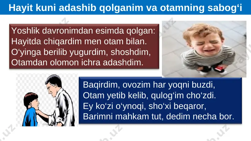 or bo‘l, zulmdan qilgil andisha, vafo-yu karamni qilmag‘il pesha. yaxshilik mukofot topdi itdan ham, gar odamga qilsang, bo‘lmas undan kam. uning bu ishidan topibon xabar, qozidan gunohin so‘rar payg‘ambar. hikoyat qo‘lingdan kelgancha karam qil, karam, karamli bo‘lmagay hech kimsadan kam. biyobonda quduq qazolmasang, boq, qabristonga kirib bitta chiroq yoq. hikoyat arablarda bir so‘z bordir, yaxshi boq, odobsiz boladan yo‘g‘i yaxshiroq. yaxshilik yordamin yaxshilarga qil, yaxshiga yaxshilik yaxshi – buni bil. “mufradot”dan niholin o‘stirar daraxt ko‘p zamon, bir zumda qo‘porib tashlaydi bo‘ron. davlating borida ishing sol yo‘lga, o‘tib ketajakdir u qo‘ldan qo‘lga. “mufradot”dan ustiga kitob ortilgan eshak, na olim va na donodir beshak. fildek zo‘r bo‘lsang-u sherdek urishqoq, nazdimda, jangdan sulh ming bor afzalroq. chumoli yoz bo‘yi yig‘ar yemak – don, toki qishda uyi bo‘lsin farovon. hikmatlar mustaqil bajarish uchun topshiriqlar: 1. “bo‘ston” asarlaridan berilgan hikoyatlarni o‘qing. 2. “hayit kuni adashib qolganim va otamning sabog‘i” she’riy hikoyatdan qanday xulosa chiqardingiz? 3. …