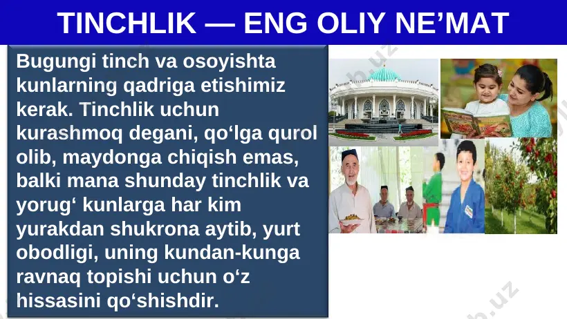 yapti ona yer qo‘ltiqtayoqlarning zahmidan, bu tuproq yuragi poradir atom zontlarining vahmidan. * “nido”- shoirning ilk dostoni eshit, chorlayapti ona yer, ko‘ksida olovli oh-faryod. asrdosh birodar, qo‘lni ber, kel, yerga qilaylik qasamyod: bo‘lurmiz gal kelsa har birimizga tinchlik janggohining fidosi. bu senga, bu menga, bu bizga yigirmanchi asr nidosi. * yodingizda tuting ! urush degan balo hali yer yuzidan butunlay supurib tashlangani yo‘q. u goh terrorchilik, goh milliy va diniy adovatlar shaklida o‘z sharpasini ko‘rsatib turibdi. shuning uchun odamzod ogoh bo‘lishi, ona zamindagi barcha tinchliksevar kuchlar birlashishib qarshi tura olishi lozim. dostonda tinchlik uchun kurashib jon berganlar nidosi, ularning ortida qolgan farzandlar, onalar, yosh-u qari nidosi umumlashib davr nidosiga – tinchlik uchun kurash nidosiga aylanib ketadi. tinchlik uchun, insoniyatning baxtli kelajagi uchun kurash nidosi xxi asrda ham, undan keyin ham, to yer yuzida abadiy tinchlik o‘rnatilgunga qadar har bir insonning qalbida jaranglab turmog‘i kerak. mustaqil bajarish uchun topshiriqlar: tushuncha mohiyati …