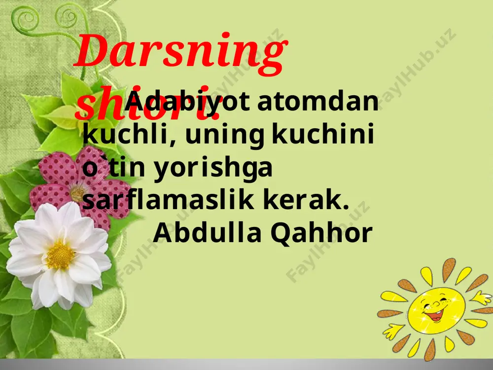 ing nomi___________ 9. oygul jurjon shohiga tegmaslik uchun o`zini______ 10. tarlon sandiqqa oygul uchun yetadigan__________ ortiqchasini ayting. jambil susambil zangar jurjon oygul qoraxon baxtiyor darxon shamshir sandiq gavhar baliq solishtiring: jambil degan tomonda, juda qadim zamonda qullar isyon qildilar. jangga kirib qo`shinlar, urushib oy-u kunlar olamni qon qildilar. solishtiring: tinchlik tugab och elda, mamlakat qoldi selda. dahshat ichra yonib xon har tomon qildi farmon. to`xtamay bo`ron qoqdi, maydonlarga o`t yoqdi. o`z holiga qilib or, tikib qator-qator dor, ko`zlariga to`lib qon, zambaraklar bo`shatdi, tani zaharga botdi. jambil eli ko`p zamon qo`zg`alon bo`lib yotdi. solishtiring: “oygul bilan baxtiyor” matonat shijoat sadoqat hamid olimjonning o`lmas asarlari o`zining badiiy qimmatini aslo yo`qotmaydi. e’tiboringizdan xursandmiz! image2.png image3.gif image4.jpeg image5.jpeg image6.gif image7.jpeg image8.jpeg image9.jpeg image10.jpeg image11.gif image12.jpeg image13.jpeg image14.gif image15.gif image16.jpeg image17.jpeg image18.gif image19.png image20.gif image21.jpeg image22.gif image23.gif image24.jpeg image25.jpeg image26.gif image27.gif image28.gif image29.gif image30.jpeg audio1.wav image31.gif audio11.wav