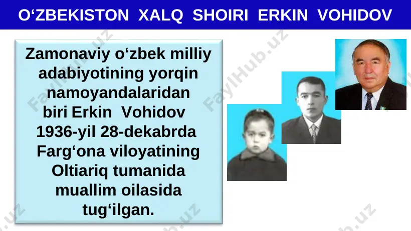 zilib turadi. “nido”da insoniyatga og‘ir judoliklar, bitmas jarohatlar keltiradigan urush qattiq qoralangan. * “tong nafasi” “qo‘shig‘im sizga” “aql va yurak” “mening yulduzim” 1961-yilda 1962-yilda 1963-yilda 1964-yilda mustaqil bajarish uchun topshiriqlar: 1. erkin vohidovning hayoti va ijodini o‘qing. shoir bolaligi va mazmunli ijodi haqida so‘zlab bering. 2. nido so‘zining ma’nosi bilan qiziqib ko‘ring, tushunganingizni yozing. 3. she’riyat olamini qanday tasavvur qilasiz? fikrlaringiz bilan o‘rtoqlashing.