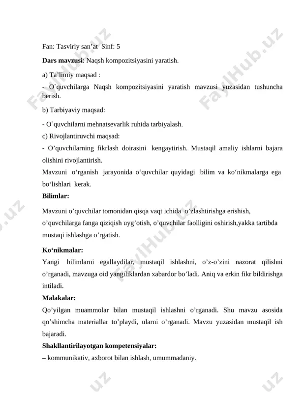 mage4.png][image: image20.png] 1.tashkiliy qism 5 daqiqa 2.o`tilgan mavzuni takrorlash 10 daqiqa 3.yangi mavzu bayoni 15 daqiqa 4.yangi mavzuni mustahkamlash 10 daqiqa 5.uyga vazifa. 5 daqiqa [image: image5.png][image: image6.png] a) salomlashish b) davomatni aniqlash c) navbatchi ishini tekshirish d) zamon yangiliklari daqiqasi [image: image7.png]dars shiori: ,, tasviriy san’at – bu tinchlik ong uchun, musiqa -ko’zlar uchun ”. uy vazifasini so‘rash va baholash. o`tilgan mavzuni takrorlash. [image: image8.png] [image: image9.png][image: image10.png] yangi mavzu bayoni [image: image11.png]naqqoshlik san’atida buyumlar turli xil naqshlar bilan bezatiladi, ular uch turga: islimiy, girih va murakkab naqshlarga bo‘linadi. islimiy naqsh. o‘simliksimon shakldagi takrorlanuvchi taqsimlardan tuzilgan naqsh turi. naqsh asosini tanob, band, barg, butalar tashkil etadi. islimiy naqshning xillari ko‘p, bir-biriga uzluksiz ulanib, o‘ralib ketadigan chirmoviqsimon, o‘simliksimon naqshlarning takrorlanishidan hosil qilinadi va shakl islimiy gul, islimiy zanjira, islimiy madohil nomi bilan ataladi. islimiy naqshlardan keng foydalaniladi. xalq ustalaridan m. to‘rayev, j. hakimov, t. to‘xtaxo‘jayev, o. fayzullayev, n. ibrohimov, m. …