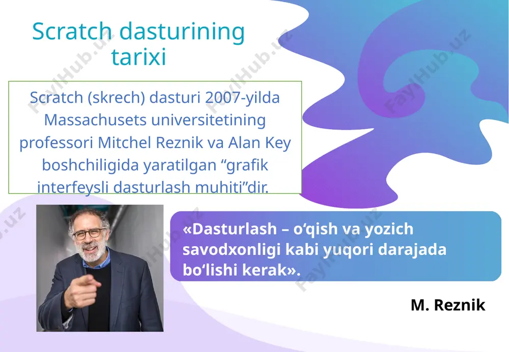 ar ovozini boshqarish jarayonlarni boshqaradi boshqaruv tuzilmalari, hodisalarni boshqaruvchi sarlavhalar arifmetik-mantiqiy operatsiyalar yangi blok yaratish bloklar guruhlari panelining tasnifi: scratch dasturining interfeysi har bitta rangdagi blok faqat o‘ziga birkitilgan vazifalarni bajaradi. qo‘shimcha bloklar guruhlarini qo‘shish skript (dastur) – ma’lum algoritm asosida ketma-ket taxlangan rangli bloklar. scratch dasturining interfeysi costumes oynasi spraytlarni o‘zgartirish va yangi spraytlar qo‘shish yoki chizish uchun ishlatiladi. kompyuter xotirasidan spraytni yuklash syurpriz (dasturning o‘zi tanlagan tasodiffiy sprayt) sprayt chizish dastur kutubxonasidan spraytni yuklash sprayt (ingl. sprite – asraguvchi ruh, farishta) – scratch dasturi stilida yaratilgan obyekt (qahramon). spraytlar o‘z liboslari (costumes) va ularni harakatga keltiruvchi buyruqlar (skriptlar)dan tashkil topgan. scratch dasturining interfeysi sahnani kichraytirish va aksincha, kattalashtirish tugmachalari skript( dastur)ni ishga tushirish tugmachasi namoyishni xohlagan vaqtda to‘xtatish tugmachasi taqdimot holatiga o‘tadi image9.jpg image10.png image11.svg image1.png image2.svg image3.png image4.svg image5.png image6.svg image7.png image8.png image18.png image19.svg image12.png image13.svg image14.png image15.svg image16.png image17.svg image28.png image29.svg image30.png image31.svg image32.png image33.svg image20.png …