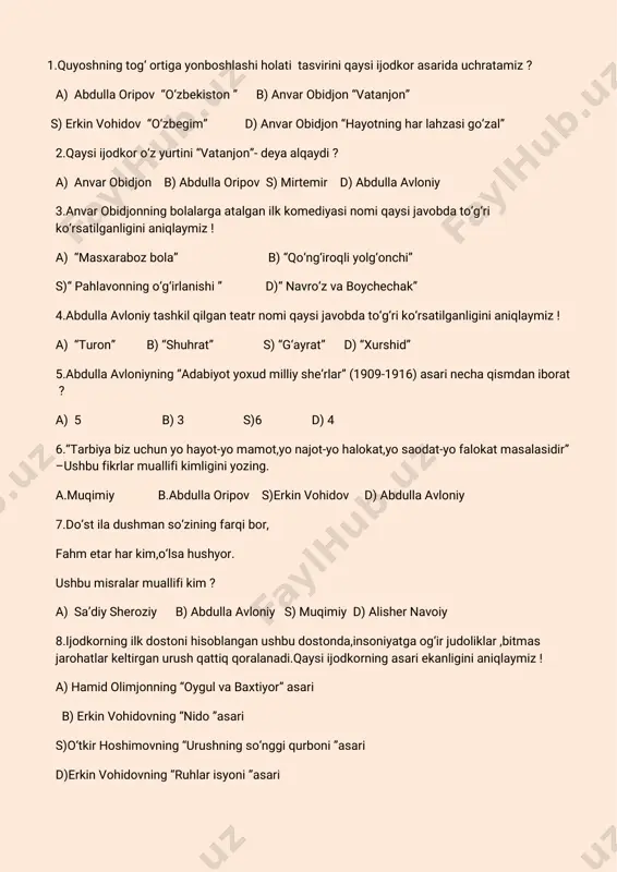 s)ikkita d)to‘rtta 13.“kukaracha”asariningjanrinianiqlaymiz! a)roman b)hikoya s)qissa d)drama 14.nodardumbadzeningqaysiasariasosidao‘zbeksan’atkorlaritomonidanko‘pqismli videofilm namoyishqilingan? a)“qishloqbolalari” b)“abadiyatqonuni” s)“quyoshniko‘ryapman”d)“oqbayroqlar” 15.nodardumbadzening “quyoshniko‘ryapman”nomliasariqachonyaratilganedi? a)1961-yil b)1962-yil s)1965-yil d)1964-yil 16.“quyoshmaskani” “orzuchashmasi”“nido”asarlariningjanriniyozing! 17.nodardumbadzeningilkhikoyalarto‘plaminingnominiyozing! 18.nodardumbadzeningo‘nlabhikoyalari,“kukaracha”qissasi,“oqbayroqlar”,“abadiyat qonuni”singariromanlaritarjimonikim? 19.dantening“ilohiykomediya”asarinio‘zbektiligatarjimaqilganijodkorkim ? 20.gyotening“faust”asaritarjimonibo‘lganijodkorkim ? 1 2 3 4 5 6 7 8 9 10 11 12 13 14 15 d a b a s d b b a s d s s b b 16-doston;17-“qishloqbolalari”;18-nizom komil;19-abdullaoripov; 20-erkin vohidov