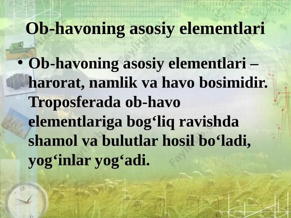 ori to‘g‘risidagi ma'lumotlar ham kiritiladi iqlim haqidagi ma'lumotlar nima uchun kerak? iqlim har bir joyning tabiatiga, relyef, daryo va ko‘llar, o‘simlik hamda hayvonot dunyosiga ta'sir ko‘rsatadi. iqlim haqida bilimga ega bo‘lmasdan turib shahar qurilishi, yo‘l o‘tkazish, to‘g‘on, suv ombori bunyod etish uchun joy tanlash mumkin emas. qishloq xo‘jaligi esa butunlay iqlimga bog‘liq. har bir joyning iqlimi nimalarga bog‘liq? iqlim avvalo joyning geografik kenligiga bog‘liq. ekvatorga yaqin yerlar quyoshdan eng ko‘p issiqlik oladi. qutblarga yaqin o‘lkalarni esa quyosh eng kam isitadi. buning oqibatida yer yuzida issiqlik mintaqalari vujudga keladi. bular tropik, ikkita mo‘tadil va ikkita sovuq mintaqalar. okeanlarning uzoq-yaqinligi ham joy iqlimiga ta'sir ko‘rsatadi. yevropadagi ispaniya va gretsiya davlatlari o‘zbekiston bilan bir xil geografik kenglikda joylashgan. lekin ispaniya va gretsiyada qishda havo harorati o‘zbekistondadagidan ancha yuqori bo‘ladi, yog‘in ham ko‘p yog‘adi. bunga sabab iliq atlantika okeanidan ispaniya va gretsiyaga iliq, sernam havo kelib turadi. o‘zbekiston okeandan uzoqda joylashgani sababli yog‘in kam, …