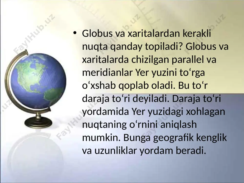 mlarni chizib kelish 3. atlasdan rasmlarni chizib kelish 4. kitobdan 4-topshiriqning a-, b-vazifalarni yozib kelish atamalar sutka – yerning o`z o`qi atrofida bir marta to`liq aylanib chiqishi uchun ketgan vaqt yerning qutblari – yer aylanish o`qining yer yuzi bilan tutashgan ikki nuqtasi ekvator – yer yuzida qutblardan barobar uzoqlikda o`tkazilgan aylana chiziqlar meridianlar – shimoliy qutb bilan janubiy qutbni tutashtiruvchi yer yuzasidan o`tkazilgan yarim aylana chiziqlar parallellar – yer ekvatoriga parallel qilib chizilgan aylana chiziqlar daraja to`ri – yer yuzida parallel va meridianlarning kesishishidan hosil bo`ladigan to`r geografik kenglik – meridianning ekvatordan berilgan nuqtagacha bo`lgan qismi yoyining daraja (gradus) hisobidagi kattaligiga aytiladi. geografik uzunlik – bosh meridiandan berilgan nuqtagacha bo`lgan parallel yoyining daraja hisobidagi uzunligiga aytiladi. geografik koordinata – yer yuzidagi har bir nuqtaning kenglik uzunligi image1.jpeg image2.png image3.jpeg image4.jpeg image5.jpeg image6.jpeg image7.jpeg