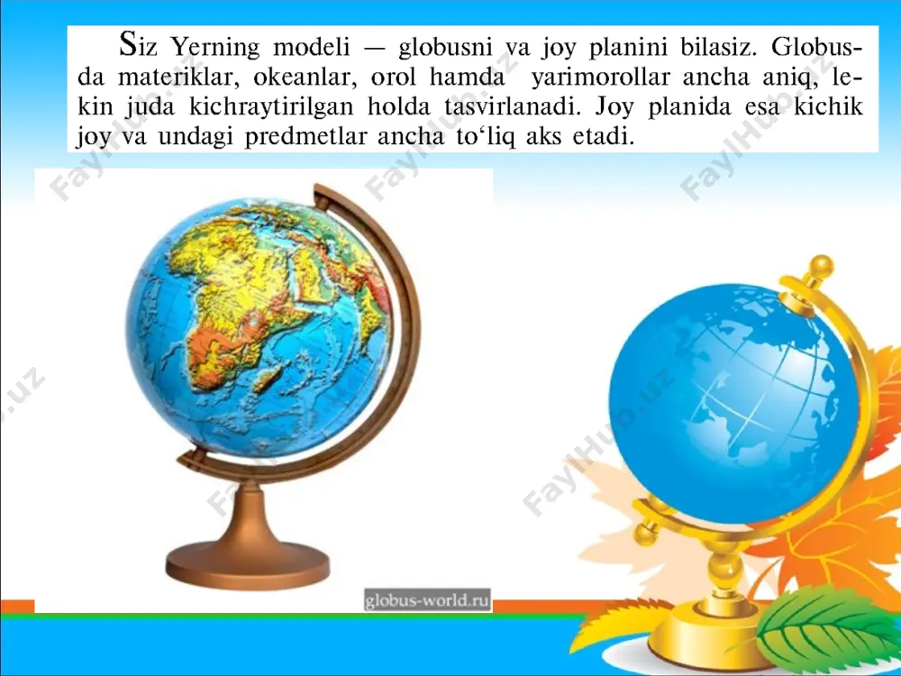 a, 0 m dan 200 m gacha baland bo‘lgan pasttekisliklar yashil rangga, 200 dan 500 m gacha baland bo‘lgan qirlar och jigarrangga bo‘yaladi. har bir rang qanday balandlikni bildirishi xaritaning pastki qismidagi jadvalda beriladi. bunday jadval balandliklar shkalasi deb ataladi. balandliklar shkalasidan foydalanib, hududning har bir nuqtasining balandligini aniqlasa bo‘ladi. chuqurliklar shkalasi ham shunday tuzilgan. ba'zi bir tog‘ cho‘qqilarining balandligi, ayrim okean botiqlarining chuqurligi xarita va globuslarda metr (raqam) bilan ko‘rsatib qo‘yiladi. yer bag‘ridagi foydali qazilmalar (neft, gaz, ko‘mir, temir, oltin, mis, olmos va boshqalar xaritada maxsus belgilar bilan ko‘rsatiladi. bular xalqaro miqyosda qabul qilingan belgilardir. agar yodingizdan chiqib qolsa, xaritadagi «shartli belgilar»dan ko‘rib oling. geografik xaritalardagi izochiziqlar (yunoncha isos - teng) deb ataluvchi chiziqlar biror bir xil bo‘lgan nuqtalarni tutashtiradi. masalan, havo bosimi bir xil bo‘lgan nuqtalarni tutashtiradigan chiziqlar izobara , havo harorati o‘xshash nuqtalarni tutashtirgani izoterma deb ataladi. xaritalarda turli ob'yekt va hodisalarning harakati, siljishi harakat belgilari strelka …