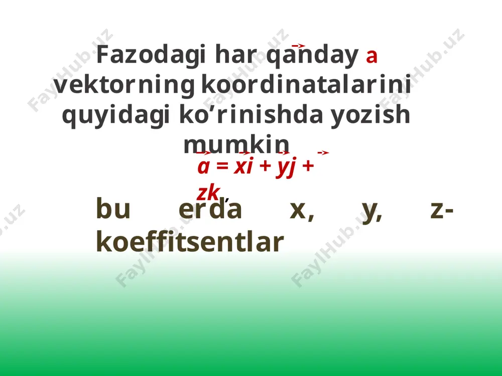 x2 – x1)2 + (y2 – y1)2 + (z2 – z1)2 vektorlar orasidagi burchak a b o a v α (a; b) = (oa; ov) = α vektorlarning skalyar ko’paytmasi vektorlarning skalyar ko’paytmasi ular modullari bilan ular orasidagi burchak kosinusi ko’paytmasiga teng a ∙ b = │a│∙│b│cos (a; b) agar vektorlar perpendikulyar bo’lsa , ularning skalyar ko’paytmasi nolga teng. aksincha, noldan farqli vektorlarning skalyar ko’paytmasi nolga teng bo’lsa, vektorlar perpendikulyar bo’ladi. a ∙ b = 0  a  b vektorlarning skalyar ko’paytmasi a ∙ a = a2 = |a|2 a b = x1x2 + y1 y2 + z1z2 vektorning skalyar ko’paytmasi formulasi a{x1; y1; z1} va b{x2; y2; z2} vektorlarning skalayr ko’paytmasi x1x2 + y1 y2 + z1z2 cos α = √x12 + y12 + z12 ∙ √x22 + y22 + z22 α = arccos x1x2 + y1 y2 + z1z2 √x12 + y12 + z12 ∙ √x22 + …