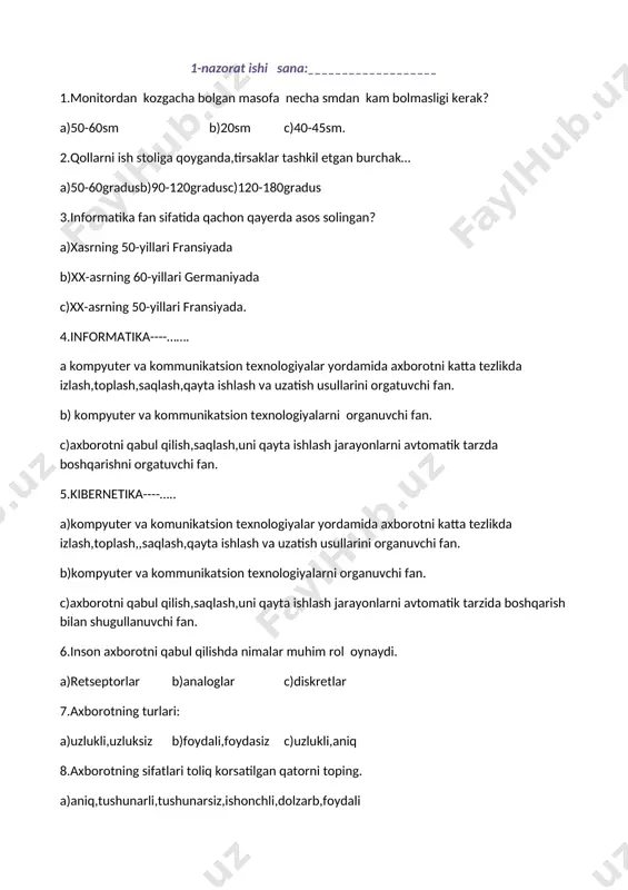 ari bajarilishiga kora qanday yonalishlarda organiladi? a)aloqa vositalari,telekommunikatsiya vositalari,internet,kompyuter va ularning qoshimcha vositalari b)aloqa vositalari,internet va ularning qoshimcha vositalari c)aloqa vositalari,internet va telekommunikatsiya vositalari 12.xix asrning boshlanishida kim telegraf yordamida uzoq masofalarga ma`lumot uzatish usulini oylab topgan? a)samuel finli briz morze b)lisandro c)yuliysezer 13.kodlash deb nimaga aytiladi? a)inson faoliyatining turli sohalarida axborot izlash b)inson sezgi organlari orqali atrof muhitdan olingan turli ma`lumot c)maxsus belgilar yordamida axborotni bir korinishdan boshqa qulayroq korinishga otkazish jarayoni 14.kodlangan axborotning mazmunini qayta tiklash jarayoni nima deyiladi? a)kodlash b)dekodlash c)raqamli kodlash 15.axborotni qayta dastlabki holatiga keltirish jarayoni nima deyiladi? a)shifrlash b)deshifrlash c)kriptografiya 16.shifrlash usullari bilan shugullanuvchi maxsus ilmiy yonalish qaysi? a)deshifrlash b)kriptografiya c)dekodlash 17.samuel finli briz morze kim bolgan? a)rassom. b)lashkarboshi c)olim 18.eng qadimgi shifrlash tizimi ….hisoblangan. a)sitals b)ssital. c)sittal 19.eng qadimgi shifrlash tizimi kim tomonidan ixtiro qilingan? a)lisandro. b)yuliy sezer c)briz morze 20.alifboni surish usulini kim qollagan? a)lisandro b)yuliy sezer. c)briz morze 21.axborotni kata tezlikda …