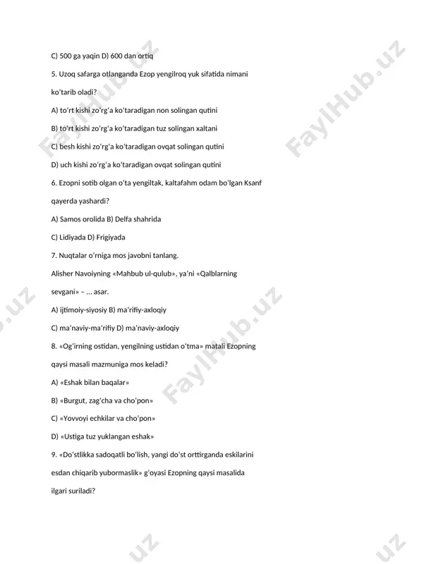o‘st orttirganda eskilarini esdan chiqarib yubormaslik» g‘oyasi ezopning qaysi masalida ilgari suriladi? a) «yovvoyi echkilar va cho‘pon» b) «kiyik bilan tokzor» c) «burgut, zag‘cha va cho‘pon» d) «eshak bilan baqalar» 10. ezop qaysi masalida yaxshilikka yomonlik qilish muqarrar jazo bilan yakunlanadi, deyish barobarida insonlarni nafs balosidan ham asranishga, hamma narsaga bir paytning o‘zida erishaman deb, ochko‘zlik qilmaslikka da’vat etadi? a) «yovvoyi echkilar va cho‘pon» b) «kiyik bilan tokzor» c) «burgut, zag‘cha va cho‘pon» d) «eshak bilan baqalar» 11. quyidagi fikrlar kimning qaysi asaridan olingan? «do‘st uldurki, o‘ziga ravo ko‘rmagan narsani, do‘stiga ham ravo ko‘rmaydi». a) navoiy «hayrat ul-abror» b) navoiy «mahbub ul-qulub» c) huvaydo «rohati dil» d) gulxaniy «zarbulmasal» 12. «kimki o‘ziga yaxshilik qilganlarga yomonlik sog‘insa, u albatta xudoning qahriga yo‘liqqay», – degan hikmatni ezop qaysi masalida ilgari surgan? a) «yovvoyi echkilar va cho‘pon» b) «kiyik bilan tokzor» c) «burgut, zag‘cha va cho‘pon» d) «eshak bilan baqalar» 13. «ko‘rpangga qarab …
