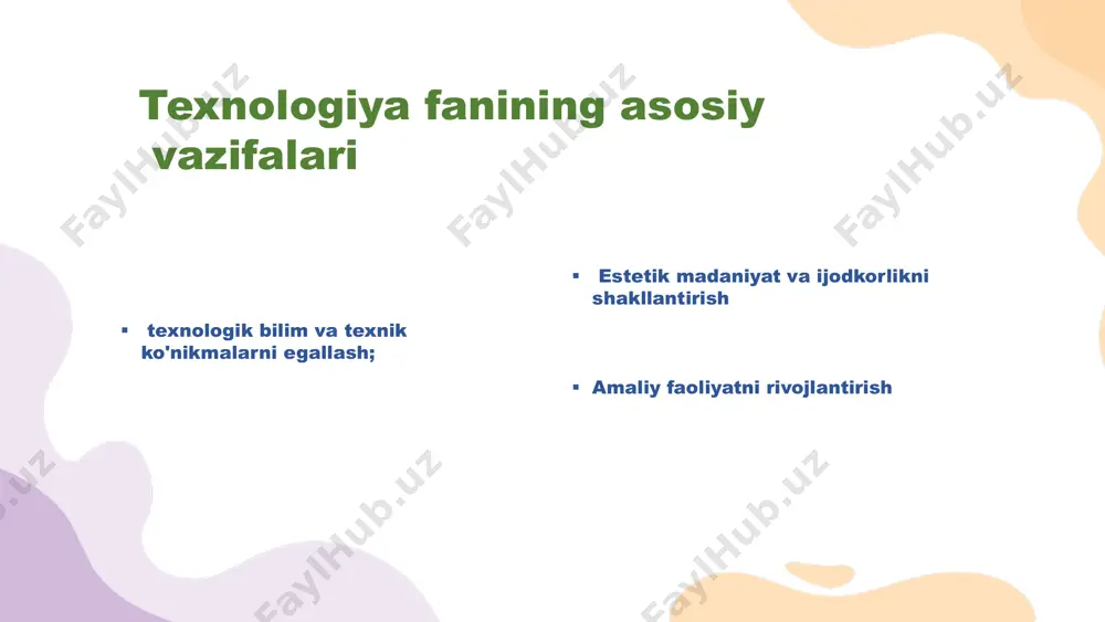 ati fanlararo aloqa kundalik hayotga kerak bo‘ladigan ko‘nikmalar slayd nomer 16 yil davomida foydalanih uchun yangi materiallar qo‘shiladi amaldagi materiallar bilan tanishtirish loyihalash malakalari harakatlanuvchi o‘yinchoqlar slayd nomer 21 jonsiz tabiat hodisalarini o‘rganishga qiziqish uyg‘otish amaliy qo‘llashga mo‘ljallangan predmetlar slayd nomer 24 ishlab chiqarish jarayonlari ip kasblar bilan tanishuv amaliy ishlar qo‘l ostidagi materiallar qurilmalar bilan tanishish� bezaklar tayyorlash slayd nomer 32 slayd nomer 33 ijodiy va kreativ fikrlashni rivojlantirish slayd nomer 35
