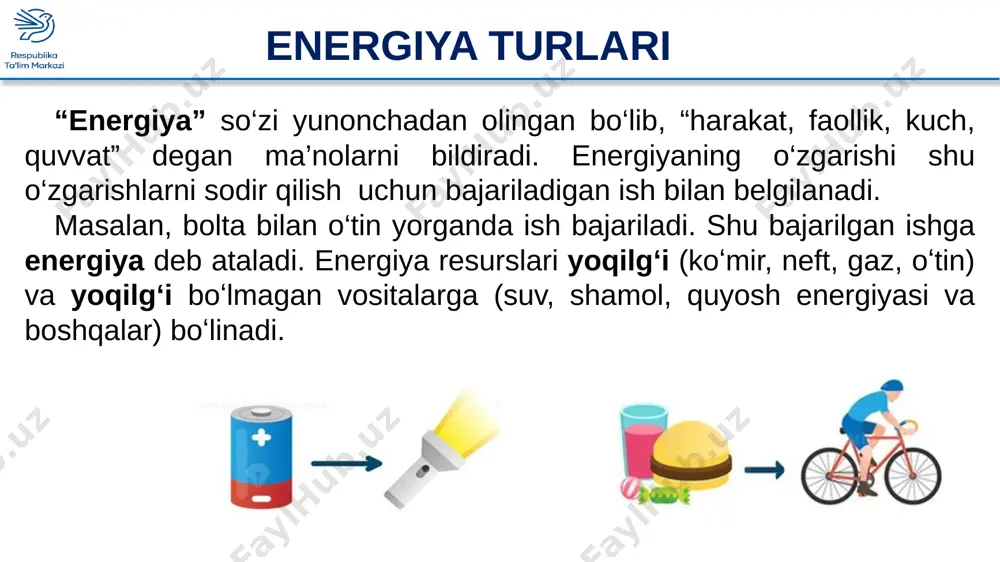 aydonga o‘rnatilgan geliostat oynalar quyosh bilan barobar aylanib, quyosh nurlarini suyuqlik, ko‘pincha suv bilan to‘ldirilgan sig‘imga yo‘naltiradi. keyingi jarayonlar esa odatdagi issiqlik elektr stansiyalaridagi kabi davom etadi. ya’ni, suv isib qaynaydi va bug‘ga aylanadi. bug‘ turbinani, turbina esa generator rotorini aylantiradi va shu tariqa elektr energiyasi ishlab chiqariladi. 6 energiya turlari 7 energiya turlari atom energiyasi – atomlarning markazida joylashgan atom yadrosida sodir bo‘ladigan jarayonlar natijasida ajralib chiqadigan energiyadir. bu energiya bir tomondan elektr energiyaning tannarxini kamaytirsa, ikkinchi tomondan insoniyatni bir necha yuz yillar davomida energetika muammolaridan xalos qilgan bo‘ladi. 8 energiya turlari mamlakatimizda ilk atom elektr stansiyasi rossiyaning “rosatom” korporatsiyasi bilan hamkorlikda barpo etilmoqda. o‘zbekistondagi birinchi atom elektr stansiyasi navoiy va buxoro viloyatlari chegarasida joylashgan to‘dako‘l suv ombori yaqinida quriladi. atom elektr stansiyasini 2028-yilgacha ishga tushirish rejalashtirilgan. 9 energiya turlari shamol energiyasidan, asosan, elektr energiyasi olish uchun foydalaniladi. quyosh mavjud ekan, shamol esadi va u qayta tiklanadigan energiya manbasi …