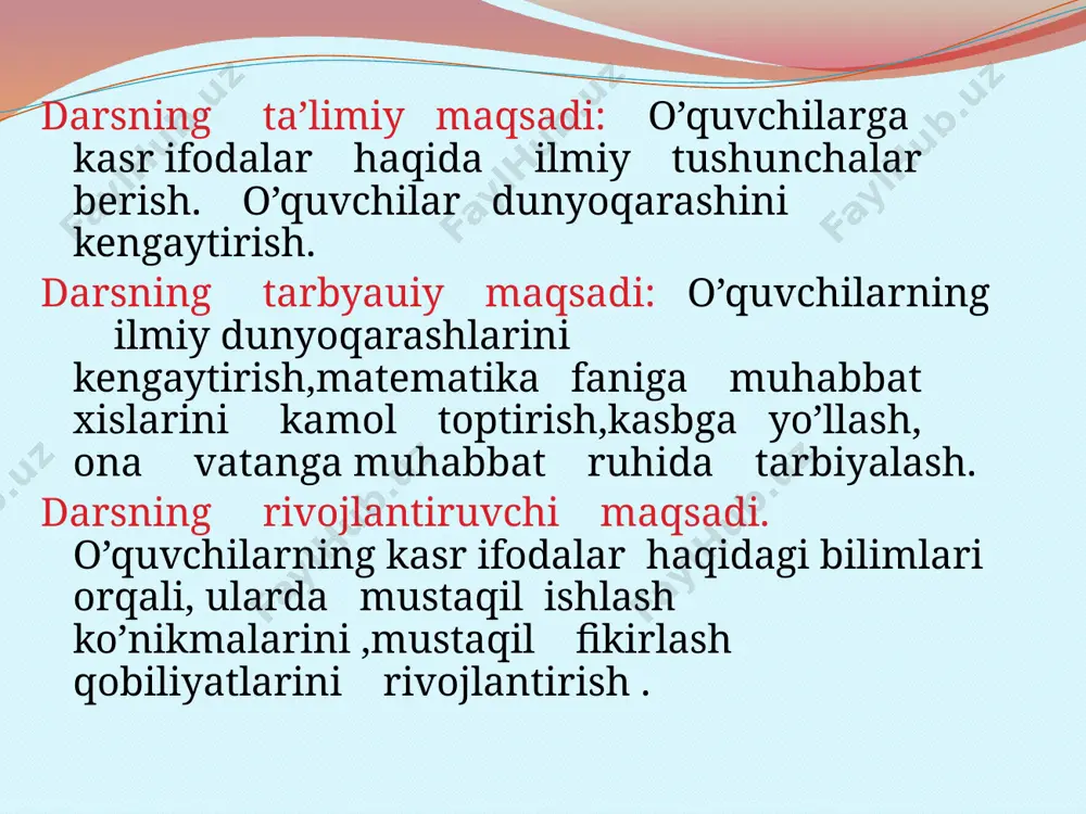 nimani tushunasiz? umumiy kopaytuvchini qavsdan tashqariga chiqarish nima? qanday sonlar o’zaro teskari sonlar deyiladi? aralash songa teskari son qanday topiladi? qanday son o’zining teskarisiga teng? har qanday natural songa teskari son mavjudmi?0 ga teskari son mavjudmi? dars yakunida o’quvchilarni baholash:    uyga vazifa: mavzuni o’qib o’rganib kelish, berilgan masalani yechish. image2.jpeg image3.jpeg image4.jpeg