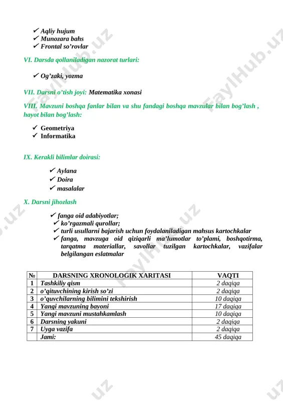 ning yakuni 2 daqiqa 7 uyga vazifa 2 daqiqa jami: 45 daqiqa dars bosqichlarining mazmuni 1. tashkiliy masala o’qituvchi o’quvchilar bilan salomlashadi. o’quv xonasining tozaligini tekshiradi, xonani ko’rgazmali qurollar, texnik-axborot vositalar bilan jihozlanishi, o’qitiladigan mavzuga mosligiga e’tibor beradi. navbatchini aniqlab, davomatni tekshiradi. o’quvchilarning tayyorgarligi (kitob, daftari, ruchka kabi oquv qurollari va qiyinishi)ni tekshiradi 2. o’qituvchining kirish so’zi: bu bosqichda o’qituvchi o’quvchilarni bilimlarini qayta esga olish uchun savollar beradi. yangi mavzu nomini aytadi va dars o’tish rejasi, darsning maqsadi bilan o’quvchilarni tanishtiradi hamda ularni doskaga yozib qo’yadi. o’qituvchi o’quvchilarning diqqatini yangi mavzuga jalb etishi va ularni darsni o’zlashtirishga, bilimlarni puxta egallashga tayyorlashi kerak. mavzu: aylana va doira reja · aylana · doira · masalalar o’ituvchi o’quvchilar diqqatini yangi mavzuga jalb etishi va ularni o’zlashtirishiga tayyorlashi kerak 2a.o’quvchilarning egallagan bilimini tekshirish va baholash: o’qituvchi o’tilgan mashg’ulot mavzusi mazmunidan kelib chiqib, o’quvchilarning bilimini tekshiradi o’tilgan mavzuni takrorlash uchun savollar · hajm o’lchov birligi …