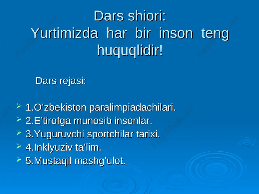 ldi. denali, kilimanjaro, akonkagua, elubrus, vinson cho’qqisiga, jaya va everets erik paypaslash orqali zabt etgan cho’qqilardir. bugungi kunda u insonlarni taslim bo’lmaslikka, sport bilan faol shug’ullanishga chorlamoqda. yuguruvchi sportchilar tarixi sietlda o’tkazilgan paralimpiya o’yinlarida jismonan va aqlan zaif bo’lgan to’qqiz nafar sportchilar yuz metrlik yugurish yo’lakchasi boshida saf tortishdi. yugurishga start berilgach, barcha sportchilar marraga birinchi bo’lib yetib borish va g’olib bo’lish uchun imkonlari boricha, oldinga intilishdi. ularning orasida bir yigitning oyoqlari chalishib ketdi va zo’rg’a bir-ikki qadam tashlab, o’tirib qoldi va yig’lab yubordi. qolgan sakkiz nafar sportchiga uning yig’i tovushi eshitildi. ular avval sekinlashishdi, so’ngra yugurishdan to’xtab, ortga qaytishdi. ularning barchasi ortda qolgan safdoshi yoniga kelib, uni o’rnidan turg’azishdi. keyin barcha sportchilar qo’l ushlashib birgalikda finish tomon yugurishdi.barcha tomoshabinlar ularni tik turib olqishlab kutib olishdi. inklyuziv ta’lim imkoniyati cheklangan insonlar ham oilada, jamiyatda o’z o’rnini topishga intiladilar. bunda ularga inklyuziv ta’lim yordam beradi. inklyuziv ta’lim-mavjud jismoniy, intellektual, ijtimoiy, emotsinal,tilga …