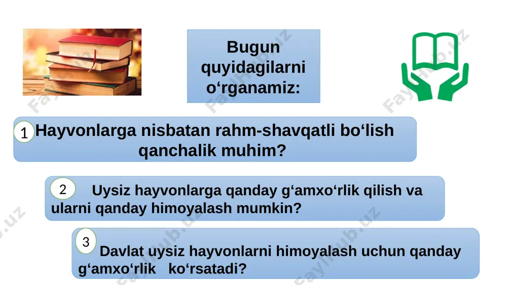 onlarga bo‘lgan munosabati bilan belgilanishi mumkin. jonivorlarni yaxshi ko‘rmagunga qadar, ko‘nglining bir qismi uyg‘onmasdan qoladi. ‘‘ hayot”- uysiz hayvonlar uchun boshpana. -siz meni yo‘qotib qo‘ydingizmi? men ‘‘hayot”daman. 4-topshiriq. 1.o‘zbekistonda uysiz hayvonlarni himoya qilish uchun qanday ishlar amalga oshirilmoqda? 2. hayvonlarni shafqatsiz munosabatlardan himoya qilish uchunqanday qonun chiqarilishini xohlardingiz? 3. nima uchun ko‘plab insonlar uysiz hayvonlar makonlariga ko‘ngilli bo‘lib yordam berishadi? quyidagi rasmlarga qarab, savollarga javob bering va topshiriqni baja ring. 1. ular nega bir-biriga yordam ko‘rsatishmoqda? 2. siz ham jonivorlar insonlarga yordam berayotganiga guvoh bo‘lganmisiz? 3. hayvonlar insonlarga yana qanday yordam berishi mumkin? 4. sizga yoqqan rasmni tanlang va unda nima sodir bo‘lganini hikoya shaklida yozing. hikoyani tanlovingizga ko‘ra, inson yoki hayvon nomidan yozishingiz ham mumkin. e’tiboringiz uchun rahmat image1.png image2.png image3.jpeg image4.png image5.jpeg image6.jpeg image7.jpeg image8.jpeg image9.jpeg image10.jpeg image11.jpeg image12.emf image13.jpeg image14.jpeg image15.emf image16.emf image17.emf image18.jpeg image19.emf image20.emf image21.emf image22.emf image23.emf image24.emf image25.png image26.png