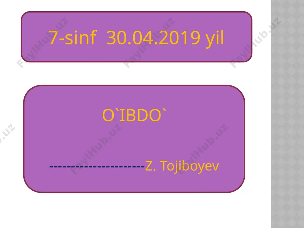 b berish, issiqhonalarni issiqlik bilan ta`minlash va shu kabi bir qator ishlarni bajarishda foydalanilmoqda. amaliy mashg`ulot 1-mahsus dazmol isitish uchun tokka ulanadi. 2-plastmassa truba kerakli o`lchamda o`lchab olinadi va qalam bilan belgi qo`yiladi. 3-burchaklik bir tamoni mahsus dazmolning qizdirgichlariga qo`yiladi. 4-erish haroratiga yetganda truba olinib burchaklik bilan birga qotiriladi. 5-trubaning ortiqch joyi qirqiladi va yana kerakli burchak ostida yelimlash ishlari davom ettirib boriladi. ishni bajarish tartibi darsni mustahkamlash 1-plastmassa trubalar necha gradus temperaturada payvandlanadi ? 2-plastmassa trubalar nima yordamida payvandlanadi ? 3-plastmassa trubalarni kesish qirqish ishlari qanday amalga oshiriladi ? 4-plastmassa trubani qizdirib eritish uchun mahsus mostlama bo`lmaganda qanday usuldan foydalanish mumkin ? yakuniy qisim 1) 7-sinf texnologiya fani darsligi 2)texnologiya fani metodilasi kanali 3)ziyonet.uz sayti mavzuni o`qib o`rganib mavzuga oid chizma chizib kelish foydalanilgan adabiyotlar uyga vazifa image1.jpeg image2.jpeg image3.jpeg image4.jpeg image5.jpeg image6.png