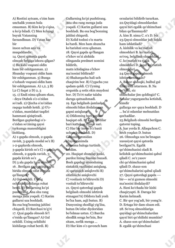 d dog'ini solmasin ekan. d) berilgan gaplarning barchasida bo'lishsizlik olmoshi ishtirok etgan. 9. qaysi qatordagi gapda to'rtta o'rinda olmosh qo'llangan? a) hozir ham hech kim o'z ismini aytmaydi. b) hammasi joyida, do'stlar, men hech kimdan, hech narsadan xafa emasman. c) sizga ne bo'ldi, ikki haftadan buyon faqiringizni zoriqtirib qo'ydingiz. d) hamma unga o'girilib qarar, ammo sattor roziyadan boshqa hech kiinni ko'rmas edi. 10. qaysi gapda qo'shma olmosh mavjud? a) siz o'zingizni tuproq bilan tenglashtirmoqchi bo'lgansiz, lekin men hozir kumushga ham qanoatlanmay, oltinbibi deb atamoq fikriga tushdim. b) shu-shu bo'ldi- yu, tursunboyning qulog'idan zebixonning ovozi nari ketmay qoldi. c) hamma unga o'girilib qarar, ammo sattor roziyadan boshqa hech kimni ko'rmas edi. d) o'zboshimcha unmas, o'zbilarmon yolchimas. 11. siz o‟z xalqingiz, vataningiz, millatingizning ko‟z qarog‟larisiz, ammo siz unutmangki, tanbal, daqqi, bezori kishi ma‟naviy nogiron degan so‟z. ushbu gapda bosh gap tarkibida tusib qolgan so‟z olmoshning qaysi turiga mansub? a) belgilash b)ko‟rsatish c) …