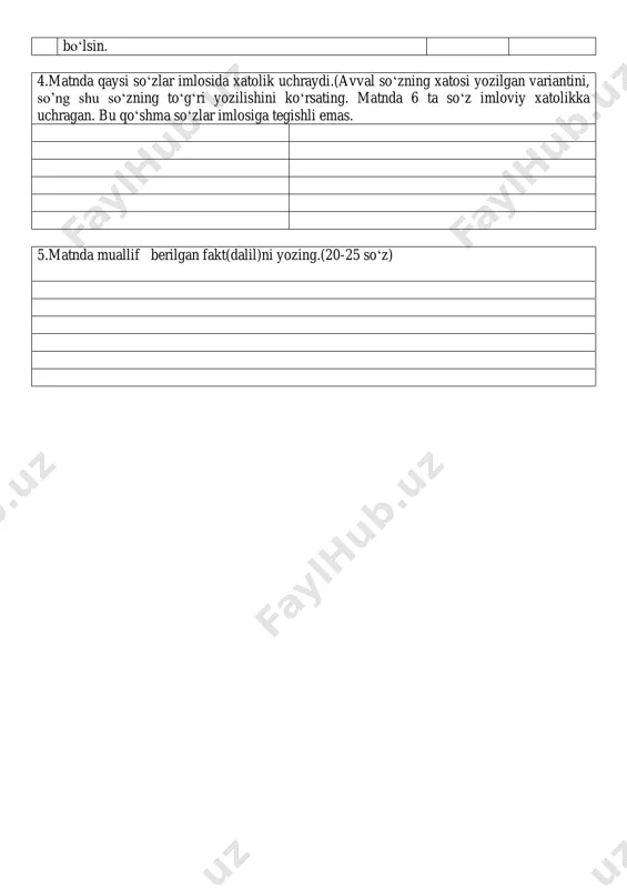 ‘ri yozilishini ko‘rsating. matnda 6 ta so‘z imloviy xatolikka uchragan. bu qo‘shma so‘zlar imlosiga tegishli emas. 5.matnda muallif berilgan fakt(dalil)ni yozing.(20-25 so‘z)