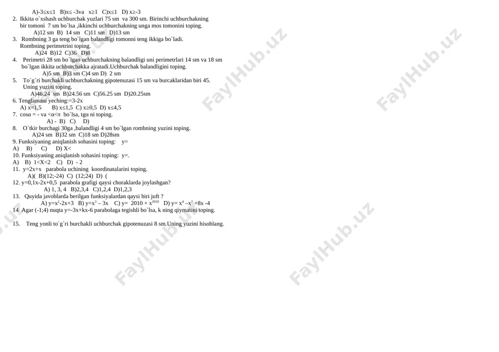 ) vinchester s) multimedia d) modem 2.microsoft excel dasturida formula kiritish uchun qaysi menyudan foydalanamiz? a) vstavka b) glavnaya, formuli c) razmetka siranitsi d) formuli 3. algoritm so‘zini kelib chiqishiga sababchi bo‘lgan olimni ayting a) beruniy b) al-xorazmiy c) ulug‘bek d) ibn sino 4.word 2010 dasturida listni sozlash uchun qaysi menyuga kiriladi. a) vstavka v) vid s) razmetka siranitsi d) glavnaya 5. qaysi qatorda faqat web-brauzerlar berilgan? a) mosaic, windows b) opera, internet explorer s) power browser, word d) exsel, internet explorer 6. microsoft excel dasturida sonni kvadrat ildizini qaysi funksiya orqali hisoblanadi. a) summ v) koren s) znak d) nok 7. "respublika olimpiadasi" jumlasida necha bayt axborot borligini xisoblang a) 21 bayt b) 22 bayt c)14 bayt d)11 bayt 8. printerning vazifasi: a) perfokartalarga axborot yozish b) magnit disklariga axborot yozish c) kompyuter ekranidagi tasvirni qog‘ozga ko‘chirish d) axborotlarni qog‘ozga chop etish 9. matn muharririda "blok" nimani anglatadi? a) …