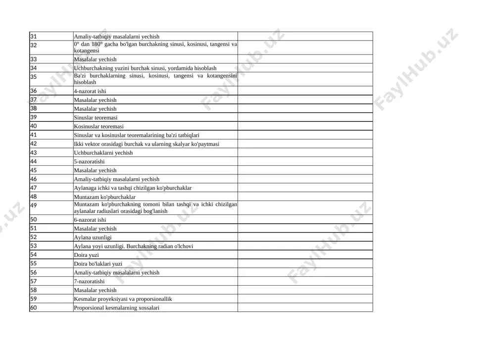 tbiqlari 42 ikki vektor orasidagi burchak va ularning skalyar ko'paytmasi 43 uchburchaklarni yechish 44 5-nazoratishi 45 masalalar yechish 46 amaliy-tatbiqiy masalalarni yechish 47 aylanaga ichki va tashqi chizilgan ko'pburchaklar 48 muntazam ko'pburchaklar 49 muntazam ko'pburchakning tomoni bilan tashqi va ichki chizilgan aylanalar radiuslari orasidagi bog'lanish 50 6-nazorat ishi 51 masalalar yechish 52 aylana uzunligi 53 aylana yoyi uzunligi. burchakning radian o'lchovi 54 doira yuzi 55 doira bo'laklari yuzi 56 amaliy-tatbiqiy masalalarni yechish 57 7-nazoratishi 58 masalalar yechish 59 kesmalar proyeksiyasi va proporsionallik 60 proporsional kesmalarning xossalari 61 to'g'ri burchakli uchburchakdagi proporsional kesmani yasash 62 aylanadagi proporsional kesmalar 63 amaliy-tatbiqiy masalalarni yechish 64 amaliy-tatbiqiy masalalarni yechish 65 takrorlash 66 takrorlash 67 8-nazorat ishi 68 yakuniy dars