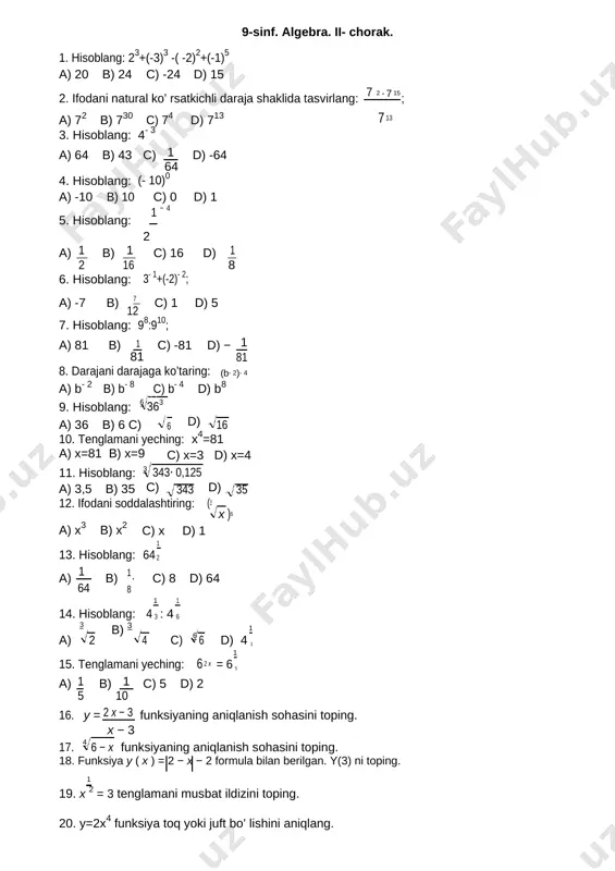 s − sin cos 7 7 7 7 a) -1 b) 1 c) 0 d) 1 2 15. hisoblang: 2sin150 cos150 a) 2 b) -1 c) 1 d) 0 3 2 16. cosα-ctgα(-sinα) iufodani soddalashtiring. 19. 1+cos2α ifodani soddalashtiring. 17. cos750 ni hisoblang. 20. sin36300 ni hisoblang. 18. cos2150-sin2150 ni hisoblang. [bookmark: page9]9-sinf. algebra. iv- chorak. 1. 6;8;10;…. arifmetik progressiya ayirmasini toping. a) 6 b) 2 c) -2 d) 14 2. agar a1=2; d=5 bo’ lsa a5 ni toping? a) 10 b) 3 c) 22 d) -3 3. agar a1=2; d=3 bo’lsa a 15 ni toping. a) 44 b) 6 c) 32 d) 23 4. 1;6;11;16;…. arifmetik progressiyaning n -hadi formulasini yozing. a) 6n-2 b) 4n+1 c) 5n+1 d) 5n-4 5. -22 soni 44, 38, 32, … arifmetik progressiyaning hadi. shu sonning nomerini aniqlang. a) n=10 b) n=8 c) n=9 d) n=12 6. agar arifmetik progressiyada d=-3 , a11=20 bo’ …