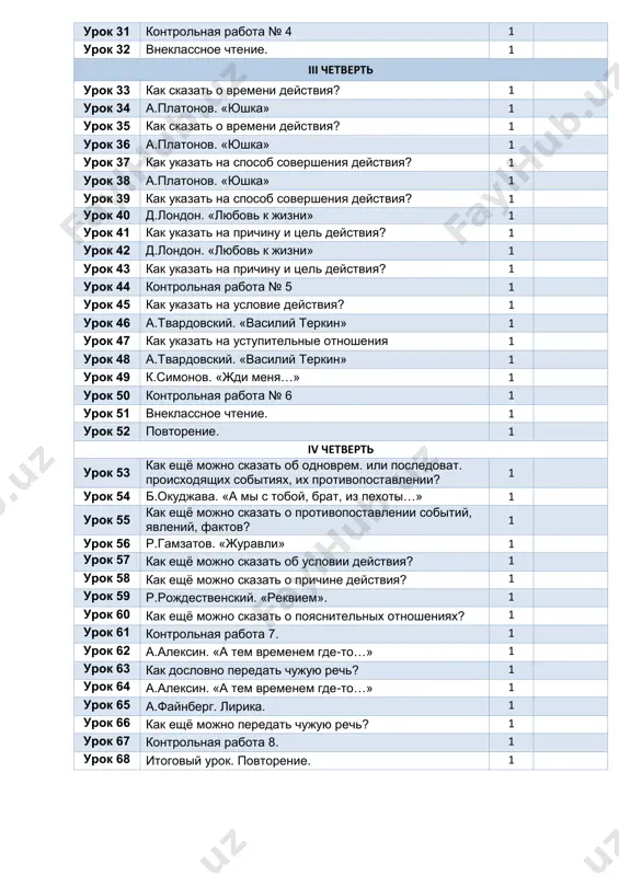.platonov. «yushka» 1 urok 39 kak ukazat na sposob soversheniya deystviya? 1 urok 40 d.london. «lyubov k jizni» 1 urok 41 kak ukazat na prichinu i tsel deystviya? 1 urok 42 d.london. «lyubov k jizni» 1 urok 43 kak ukazat na prichinu i tsel deystviya? 1 urok 44 kontrolnaya rabota № 5 1 urok 45 kak ukazat na uslovie deystviya? 1 urok 46 a.tvardovskiy. «vasiliy terkin» 1 urok 47 kak ukazat na ustupitelnie otnosheniya 1 urok 48 a.tvardovskiy. «vasiliy terkin» 1 urok 49 k.simonov. «jdi menya…» 1 urok 50 kontrolnaya rabota № 6 1 urok 51 vneklassnoe chtenie. 1 urok 52 povtorenie. 1 iv chetvert urok 53 kak eshyo mojno skazat ob odnovrem. ili posledovat. proisxodyashix sobitiyax, ix protivopostavlenii? 1 urok 54 b.okudjava. «a mi s toboy, brat, iz pexoti…» 1 urok 55 kak eshyo mojno skazat o protivopostavlenii sobitiy, yavleniy, faktov? 1 urok 56 r.gamzatov. «juravli» 1 urok 57 …