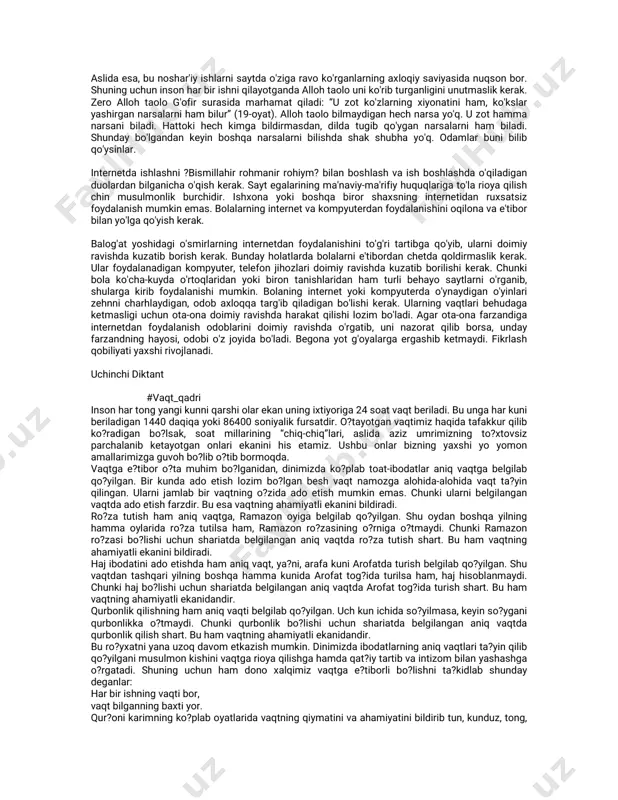 o'rtsoatesaelektron pochtaorqalixatjo'natishgasarflanadi. rivojlanganmamlakatlarda,aksincha,asosiye'tiborelektronpochtaorqalimuloqotgaqaratilar ekan. ijtimoiy tarmoqdan eng ko'p foydalanadiganlar malayziyaliklar bo'lib, har bir foydalanuvchiningo'rtachaikkiyuzo'ttizdanko'p“internetdado'sti”bor.malayziyadankeyingi o'rinnibraziliyaliklaregallabturibdi. harbirnarsaniyaxshitomonibo'lganikabiyomon jihatlariham bor.internetda foydali ma'lumotlarbilanbirqatorda,zararlibehayo,buzuqma'lumotlarham kengtarqalgandir.inson ma'naviyatigata'sirqiladiganfoxishabozlik,behayolikni,axloqsizliknitarg'ibqiluvchisaytlarjuda ham ko'payibbormoqda.ba'ziodamlarinternetorqalibir-birlarinialdamoqda,bir-birigatuxmat qilmoqda,utufayliko'pginayoshoilalarajrashibketishholatlarikuzatilmoqdavahokazo.internet orqaklinafaqataxloqiybuzuqliklar,balkisiyosiy,iqtisodiy,moliyaviyvaboshqako'pginasohalarda ham ko'plabjinoyatlarsodiretilmoqda.yuqoridakeltiribo'tilgangaplarshuniko'rsatibturibtiki internetnibizham yaxshilikka,ham yomonlikkaishlatishimizmumkinekan.biznivazifamizundan faqatgina yaxshilik yo'lida foydalanishimiz kerak.buning uchun esa dinimizning umumiy ta'limotlariasosidainternetdanfoydalanishodoblariniyo'lgaqo'yishimizkerakbo'ladi. avvalointernetdanfoydalanmoqchibo'lganodam niyatinito'g'riqilishikerak.anashundabu ishdanfoydatopadi.internetdanfoydalanishdanoldinvaqtnizoyaketkazmaslikni,uninghar lahzasihisobliekaninio'ylashkerak.internetgakirishdanoldinishrejasiniyaxshilabtuzibolish kerak.internetdauzoqvaqto'tirishham zararlibo'lib,usababliinsono'zigaxosxastaliklarga chalinishi mumkin. bundan tashqari internetda ko'riladigan,eshitiladigan va o'qiladigan ma'lumotlarningbarchasigashariatruxsatberganbo'lishikerak.ammo,mingafsuslarbo'lsinki, saytgakiradiganba'ziodamlarhayotdao'zlarigaravoko'rmaydigannarsalarnisaytdabemalolep ko'rishadi.ularo'zlaricha,“buishhayotdagisaviyadaemas-ku”,deganxayolgaborishlarimumkin. aslidaesa,bunoshar'iyishlarnisaytdao'zigaravoko'rganlarningaxloqiysaviyasidanuqsonbor. shun