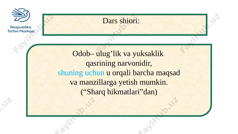 zmalarga mos gaplar tuzing: ,toki 2. -ki, -sa, 3. 1. gaplarni izohlang: 1.sen faqat yaxshiliklar qil,toki seni hech kim yomon xotiralar bilan eslamasin. 2. shuni bilingki,vaqtning qadriga yetish,uni behuda o`tkazmaslik lozim. 3. bosh omon bo`lsa, do`ppi topiladi. mustahkamlash uchun savollar: 1.ergash gap bosh gapga qanday bog`lov- chi vositalar yordamida bog`lanadi? 2.-ki bog`lovchi vositasi qaysi gapning tarkibida qo`llanadi? 3. shu sababli,chunki bog`lovchi vositalari qaysi gap tarkibida qo`llanadi? 2. uyga vazifa: 93-mashq gaplarni ko`chiring,qo`shma gap qismlarini bog`lovchi vositalarni aniqlang. e’tiboringiz uchun rahmat!!! image1.png image2.jpeg image3.png image4.png image5.png image6.jpg image7.png image8.jpeg image9.jpg image10.png image11.png image12.jpg image13.png image14.png image15.png image16.png image17.png image18.png