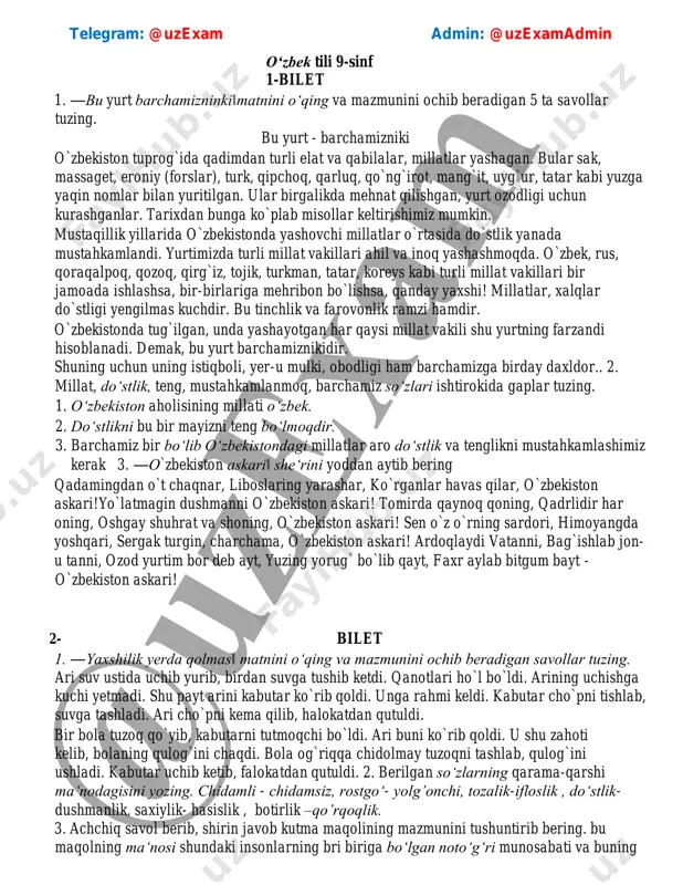 va mazmunini ochib beradigan savollar tuzing. ari suv ustida uchib yurib, birdan suvga tushib ketdi. qanotlari ho`l bo`ldi. arining uchishga kuchi yetmadi. shu payt arini kabutar ko`rib qoldi. unga rahmi keldi. kabutar cho`pni tishlab, suvga tashladi. ari cho`pni kema qilib, halokatdan qutuldi. bir bola tuzoq qo`yib, kabutarni tutmoqchi bo`ldi. ari buni ko`rib qoldi. u shu zahoti kelib, bolaning qulog`ini chaqdi. bola og`riqqa chidolmay tuzoqni tashlab, qulog`ini ushladi. kabutar uchib ketib, falokatdan qutuldi. 2. berilgan soʻzlarning qarama-qarshi ma‘nodagisini yozing. chidamli - chidamsiz, rostgoʻ- yolg’onchi, tozalik-ifloslik , doʻstlik- dushmanlik, saxiylik- hasislik , botirlik –qo’rqoqlik. 3. achchiq savol berib, shirin javob kutma maqolining mazmunini tushuntirib bering. bu maqolning ma‘nosi shundaki insonlarning bri biriga bo‘lgan noto‘g‘ri munosabati va buning telegram: @uzexam admin: @uzexamadmin natijasida bir biriga nisbatan kinoya ohangida gaplar va javobini bilsada ikkinchi odamni qiynash uchun beriladigan achchiq savollar, nohaqdan kimnidir ayblash yaxshi emasligi, bu narsa ikki kishini orasida dilxiraliklar keltirib chiqarishi aniq …