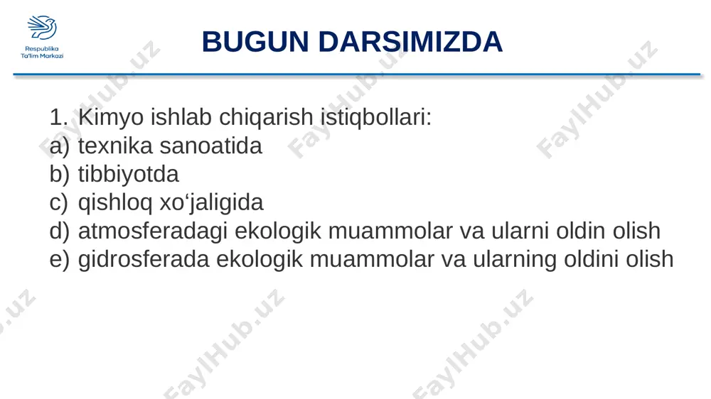 ujayra va molekula darajasida tadqiq qilishga sharoit yaratadi. tibbiyotda kimyo kundalik turmushda kundalik turmushda maishiy kimyo preparatlari-sintetik yuvish vositalari, tozalovchi, yelimlovchi preparatlari keng qo‘llanmoqda kundalik turmushda kimyo fani va sanoati oldida yangilashning iloji bo‘lmagan tabiiy resurslar rangli metall rudalari qora metall rudalari neft gaz ko‘mir tabiatni muhofaza qilish abu ali ibn sino odamlarning sog‘ligi tashqi sharoit bilan chambarchas bog‘langandir. tabiatni muhofaza qilish tabiiy ifloslanish sanoat tarmoqlarida, transport vositalari va isitish tizimlarida yoqilg‘i yonishidan chiqqan gaz, chang, tutunlar turli xildagi chiqindilarni yoqib yuborish tabiatni muhofaza qilish ruda konlarida tog‘ jinslarini qazish hamda tog‘ jinslaridagi ruda miqdorini boyitish jarayonlarida atmosferaga juda ko‘p chang (tog‘ jinslarining aerozollari) tarqab ketadi. zaharli moddalar no no₂ co so₂ cl₂ h₂s hcl f₂ hf tabiatni muhofaza qilish 1,5 mln tonna margimush (biosfera) 3 milliard tonna chang, tutun va kul (atmosfera) 1,2 mln rux va boshqa moddalar (biosfera) tabiatni muhofaza qilish yer yuzining 2/3 qismini suv qoplagan. ichish …