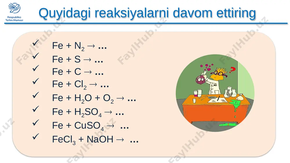 aytaruvchi vazifasini bajaruvchi co olish uchun xizmat qiladi. co cho‘yanning olinishi cho‘yanning olinishi c + o2 → co2 co2 + c → 2co koksning bir qismi yonib, co2 hosil bo‘ladi 1 yuqori haroratda co2 koks bilan ta’sirlashib co ga aylanadi 2 domnadagi kimyoviy jarayonlar 3fe2o3 + co → 2fe3o4 + co2 (450 - 500 °c) fe3o4 + co → 3feo +co2 (500 - 700 °c) feo + co → fe + co2 caco3 → cao + co2 cao + sio2 → casio3 co temir rudasini erkin temirgacha qaytaradi. 3 rudadagi qo‘shimchalar flyus bilan oson suyuqlanuvchan, yengil moddalar – shlak hosil qiladi. 4 (700 - 800 °c) gornda ikki suyuq qatlam – yuqorida shlak, pastda cho‘yan qatlami hosil bo‘ladi. shlak qatlami cho‘yanni oksidlanishdan himoya qiladi. cho‘yan va shlak davriy ravishda maxsus tirqishlar orqali domna pechidan chiqarib turiladi. shlak cho‘yan gorn ch4 + 2o2→ co2 + 2h2o co2 + c → 2co …