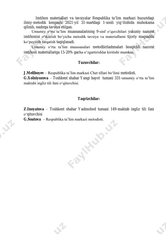 yon etilishi, nutqining ravonligi, mavzudan chetlashmaganligi va bildirilgan fikrlarning mantiqan bir-biri bilan bog‘liqligi hisobga olinadi. fikrlar bayon etilayotganda, so‘z birikmalarining noto‘g‘ri ifodalanishi, grammatik va fonetik qoidalarga rioya qilmaslik hollari bir gapning o‘zida ikki va undan ortiq kuzatilsa, o‘sha gap hisobga olinmaydi. o‘quvchi bilet savollariga to‘liq javob bera olmasa, o‘qituvchi o‘quvchiga mavzu yuzasidan uchinchi savolni berishi mumkin. bilet asosida va qo‘shimcha tarzda berilgan har bir savolga javob 5 ballik tizim asosida baholanadi. masalan: 1-savolga 3 ball, 2-savolga 5 ball qo‘yilsa, baholar umumlashtirilib, o‘rtacha ball chiqariladi. 3+5=8 va 8:2=4 ball. og‘zaki topshiriq bo‘yicha baholash mezoni t/r baholash mezoni ball 1. berilgan mavzuni to‘liq og‘zaki bayon qila olsa, mavzu yuzasidan fikrini to‘liq ifodalay olsa, to‘g‘ri talaffuz va intonatsiya bilan gapirsa, berilgan mavzuga doir savollarga to‘liq javob bera olsa 5 2. berilgan mavzuni qiyinchilik bilan og‘zaki bayon qila olsa, mavzu yuzasidan fikrini to‘liq emas, lekin to‘g‘ri ifodalay olsa, talaffuz va intonatsiyada ozgina kamchilikka yo‘l …
