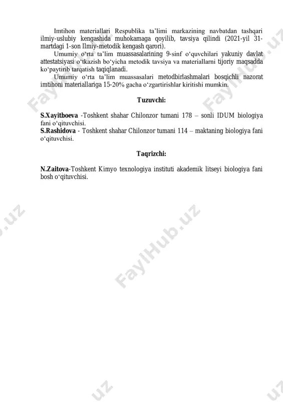 uqli bilim, ko‘nikma va malakalarga ta’rif berishda asosan to‘g‘ri yondoshilgan, lekin izchillik buzilgan, qonuniyatlar va nazariyalar tavsifida 1-2 ta xatoliklar bo‘lsa. 4 3 savollarga taaluqli bilim, ko‘nikma va malakalarga qisman to‘g‘ri ta’rif berilgan, tushunchalarni izohlashda 3-4 ta xatoliklarga yo‘l qo‘yilgan bo‘lib, ta’riflarni xulosalashda 3-4 ta xatoliklar bo‘lsa. 3 4 savollarga taaluqli bilim, ko‘nikma va malakalarga qisman ta’rif berilib, to‘liq xulosalanmagan, fikrlar chalkash, tushunchalarda xatoliklar ko‘p bo‘lsa. 2 5 bilim, ko‘nikma va malakalar noto‘g‘ri talqin etilgan, javoblar xato bo‘lsa. 1 amaliy ish va laboratoriya mashg‘ulotlarini baholash mezoni. № baholash mezoni ball 1 laboratoriya va amaliy ishni bajarish ketma-ketligiga rioya etilgan holda malakalar to‘g‘ri va to‘liq ochib berilgan, rasm va jadvallar to‘g‘ri ifodalangan, to‘g‘ri xulosalangan bo‘lsa. 5 2 ishni bajarish ketma-ketligiga rioya etilgan. egallagan malakalari asosida tajribalar to‘liq bajarilgan, lekin natijalarni ifodalashda kichik xatoliklarga yo‘l qo‘yilgan bo‘lsa. 4 3 egallagan malakalari asosida ishni bajarish ketma-ketligiga to‘liq rioya etilmagan. ish qisman to‘g‘ri bajarilgan, …