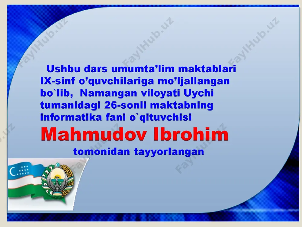 in. masalan, qaysi maktab, nechta o’quvchi, qizlar va yigitlar soni kabi. ularning orasiga rasmlarni joylash uchun kerakli rasmlarni internetdan ko’chirib olamiz. rasmlarning nomi “sinf.jpg”, “qizlar.jpg” va “yigitlar.jpg” kabi bo’lsa, ularni web-sahifaga joylashtirish uchun quyidagi teglarni yozamiz. bizning sinf biz uychi tumanidagi 26-umumiy ta`lim maktabining 9-"a" sinfida o'qiymiz. bizning sinfda 30 o'quvchi bor. ulardan 16 nafari qizlar, 14 tasi o'g'il bolalar. 2. “vatanimizning tarixiy shaharlari” web sahifaga rasm joylash. tarixiy shaharlar vatanmizda samarqand, buxoro va xiva kabi tarixiy shaharlar bor. 7-sinfdan sizga ma’lumki kerakli axborot, rasm yoki boshqa ma’lumotni internet qidirish tizmidan topish mumkin. tarixiy shaharlarga oid rasmlarni shu usulda topamiz. bu rasmlarni topib ko’chirib olgach, ularga samarqand.jpg, buxoro,jpg va xiva.jpg deb saqlaymiz. quyidagi web-sahifa kodini yozamiz: web-sahifani internet brauzerda ochsak quyidagi har hil o`lchovdagi shaharlarning rasmlari hosil bo`ladi va ushbu natijani ko’ramiz: mustahkamlash: 3. “uy hayvonlari” nomli web-sahifa tayyorlash va rasm yonida hayvon nomi yozilgan bo`lsin. word muxarririni ochib uning …