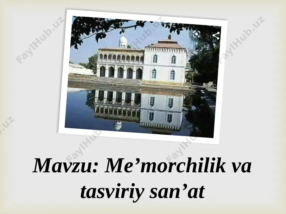on islomxo’ja edi.  xorazm me’morchilik maktabining e’tiborli tomoni shundaki, peshtoqlar, shiplar, burjlar o’ta nozik did va nafosat timsoli arabiy yozuvlar bilan bezatiladi. xattotlar bu yozuvlarni o’ta mohirlik bilan bino bezagiga uyg’unlashtirib yubora olganlar. yevropa me’morchiligiga xos bo’lgan ayrim uslublar o’sha davrda qurilgan buxoro amirining yozgi saroyi sitorai mohi xosa. yevropa uslubidagi binolar qurilishi  yevropa me’morchiligi xiva xoni muhammad rahimxon ii tomonidan qurilgan nurillaboy nomi bilan ataluvchi saroyda (1904-1912) ham ko’zga tashlanadi.  xix asr oxiri – xx asr boshlarida turkistonda tasviriy san’at samarqand, qo’qon, buxoro miniaturachilari ijodida namoyon bo’ldi tasviriy san’at  naqsh amaliy san’ati markazi buxoro edi. xx asr boshlarida an’anaviy devoriy naqshlarda ilgari uchramagan manzaralar – suzib borayotgan kema, temiryo’llar va hayvonlar tasvirlangan naqshlar kirib kela boshladi.  № milliy uslubdagi me’moriy obidalarndan qaysilarni bilasiz? yevropa uslubdagi me’moriy obidalarndan qaysilarni bilasiz? ganchkor usta va naqqash ustalardan kimlarni bilasiz ? tasviriy san’at va miniaturachilardan kimlarni bilasiz? 1 …