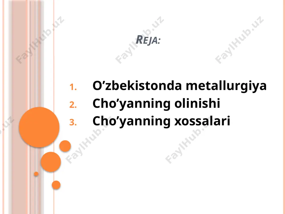 ha qaytariladi. eng oson qaytariladigani fe2o3 keyin fe2o4 va eng qiyin ’qaytariladigani feo dir. 3fe2o3+ co→ 2fe3o4+ co2 +63kj fe3o4+ co 3feo+cor 22kj feo+co<-»fe+co2+13kj temir oksidlarini qaytarilish natijasida hosil boigan co2 ham yuqoriga ko‘tarilgach, issiq koks ta’sirida yana co ga aylanadi. shunday qilib, bu jarayon takrorlanaveradi. temir oksidlarining qaytarilishini umumiy bir tenglama bilan yozish mumkin: fe2o3+3co→2fe+3co2+27kj rudadan qaytarish usuli bilan olingan g’ovak temir co, koks uglerodi, kremniy, marganes, fosfor, oltingugurt bilan tasirlashib suyuq cho’yan hosil bo’ladi. cho’yan va shlak domnaning quyi qismi- gornga oqadi. gornda 2 suyuq qatlam –yuqorida shlak, pastda cho’yan qatlami hosil bo’ladi. shlak qatlami cho’yanni oksidlanishdan himoya qladi. cho’yan va shlak davriy ravishda maxsus tirqishlar orqalr domna pechidan turiladi. cho’yanning xossalari domnalardan olingan cho’yan 2-4.5 foiz c va oz miqdorda kremniy, marganes, oltingugrt, fosfor tutadi. cho’yan temirdan qattiq, mo’rt bo’ladi, bolg’alanmaydi. quyma va to’yingan cho’yanlar farqlanadi. quyma cho’yandan buyumlar tayyorlanadi. to’yingan cho’yandan po’lat olinadi. ligerlangan cho’yan tarkibida …