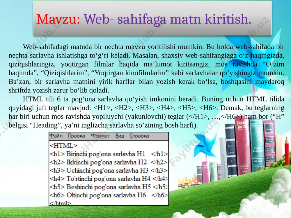ga o‘tkazish uchun juftmas tegidan foydalaniladi. bu tegni matnda bo‘sh satr qoldirish uchun ham ishlatish mumkin. html teglari parametrlari bilan yozilishi mumkin. parametrlar teg nomidan keyin probel bilan ajratib. parametrlarga qiymat kiritilishi lozim bo’lsa, u tenglik belgisidan keyin qo’shtirnoq ichida yoki qo’shtirnoqsiz yoziladi. shriftning yozuv shaklini belgilash uchun (shrift) juft tegi face parametri bilan qo’llanadi: matn . sizga ma’lumki, shriftning yozuv shakliga times new roman, verdana, elephant kabilar kiradi. bitta web-sahifada bir nechta yozuv shaklini ishlatish mumkin. ba’zan biror web-brauzer shriftning kerakli yozuv shaklini ko’rsata olmasligi mumkin. shuning uchun har ehtimolga qarshi bu tegning bir nechta parametri qiymatlarini vergul bilan ajartib yozish maqsadga muvofiq: . web-brauzer teg parametri qiymatlarini chapdan boshlab o’qiydi va biri bo’lmasa keyingisini qidiradi. quyida shriftning yozuv shaklini qo’llashga oid misol keltirilgan: html tilida ham shunday imkoniyat bo’lib, quyidagi juft teglardan foydalaniladi: qalin shrift (bold) og‘ma shrift (italik) tagchiziqli shrift (underline) topshiriq: html-tilida nechta pog’ona sarlavhalarini ishlatish …