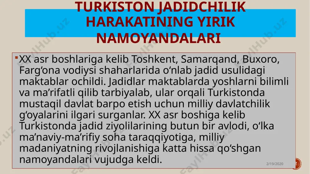 bo‘lgan. munavvarqori maktablar uchun «adibi avval», «adibi soniy», «yer yuzi» kabi darsliklarni yaratdi. 2/19/2020 6 6 dastlabki paytlarda madaniy-ma’rifiy, keyinchalik siyosiy-ijtimoiy xususiyat kasb etgan islohotchilik harakati faol ishtirokchilaridan biri abdulla avloniy 1878-yil toshkent shahrida hunarmandlar oilasida tug‘ildi. u maktab va madrasada ta’lim olib, o‘z zamonining ma’rifatli va chuqur bilim sohibiga aylandi. abdulla avloniy o‘lkada ta’lim, matbuot, teatr sohalarining rivojlanishiga katta hissa qo‘shib, 1907-yil «shuhrat» gazetasiga asos soldi. o‘zi tashkil qilgan yangi usul maktabi uchun «birinchi muallim», «ikkinchi muallim», «turkiy guliston yoxud axloq» kabi darsliklarni yaratdi. 2/19/2020 7 7 jadidlar harakatining milliy xususiyatlari jadidlar turkistonda azaldan mavjud bo‘lgan, ya’ni alisher navoiy, mirzo bedil va boborahim mashrabdan qolgan merosdan foydalangan holda turkistonda demokratik va taraqqiyparvar g‘oyalarni davom ettirdilar. turkiston ilg‘or ziyolilari erishgan yutuqlari orasida eng salmoqlisi hukmron mafkuradan mustaqil bo‘lgan xalq ta’limi tizimining yaratilishi hamda milliy matbuotga asos solinishi edi. bu esa o‘z navbatida progressiv g‘oyalarni tarqatish uchun muhim vosita bo‘lib xizmat …