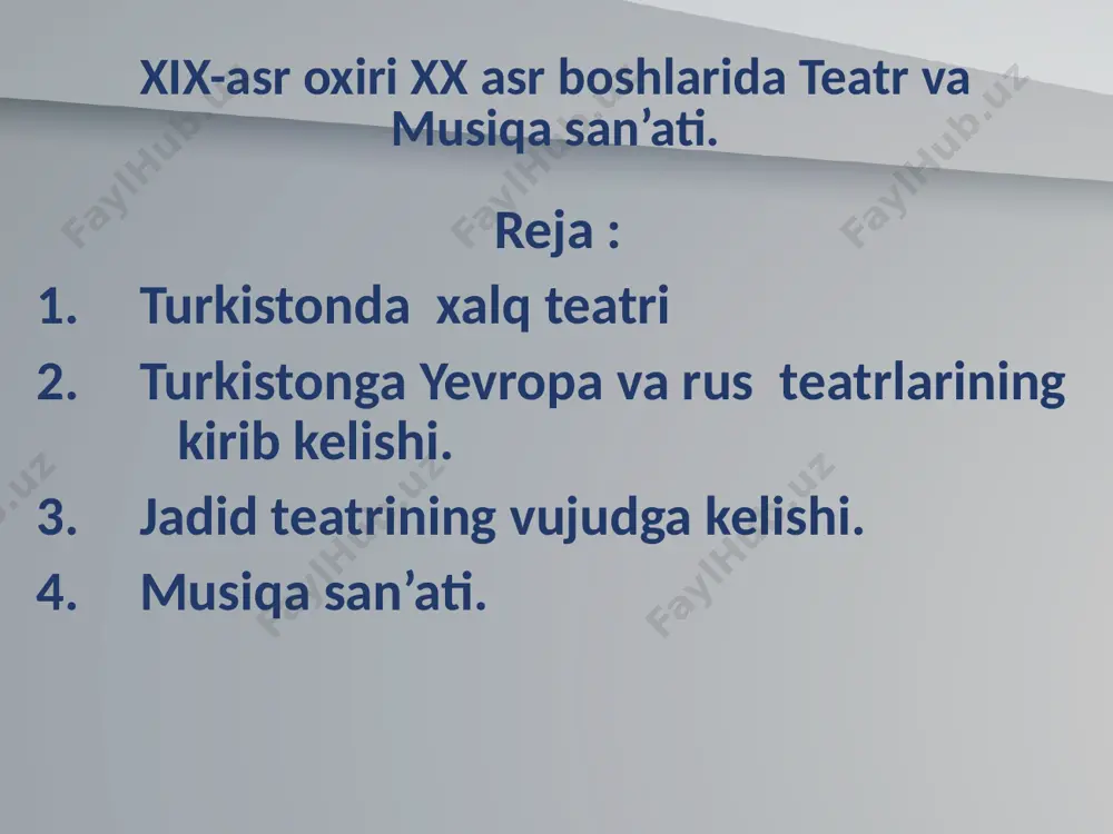 ja: turkistonda xalq teatri qadimiy san’at turlaridan eng sevimlisi hisoblangan xalq teatrining buxoro amirligi, xiva va qo’qon xonligida o’ziga xos ko’rinishlari mavjud edi. jumladan, buxoro amirligida masxaraboz, qo’g’irchoqboz, raqqos kabi san’at yo’nalishlarining uyushmalari vujudga kelgan edi. xorazm an’naviy teatrida esa ikki turkum tomoshalar - kulguli va xatarli o’yinlar yaxshi shakllangan edi.xix asrning ikkinchi yarmida bir nechta shaharlarda an’anaviy teatr uyushmalari vujudga keldi. eng mashhurlari qo’qondagi zokir eshon, buxorodagi to’la masxara uyushmalari edi. ayniqsa, qo’g’irchoq teatrlari ommabop bo’lib, ular mavzusi markazida kachal polvon obrazi turgan. 2-reja: turkistonga yevropa va rus teatrlarining kirib kelishi. o’rta osiyo rossiya imperiyasi tomonidan bosib olingach,mustamlakachi hukumat siyosiy maqsadlarni nazarda tutib, o’lkaga rus madaniyatini jadal yoyishga kirisha boshladi. 1870 –yil turkiston general-gubernatorligi tomonidan taklif qilingan samara teatri o’lkada bir necha kunlik dasturlarini namoyish etgan edi. 1910 – yilda samarqand va toshkentga rus aktrisasi v.f. komissarjevskaya truppasining gastrollari uyushtirildi. turkistonda namoyish etilgan bunday tomoshalar o’lka mahalliy san’atkorlari ijodiga …