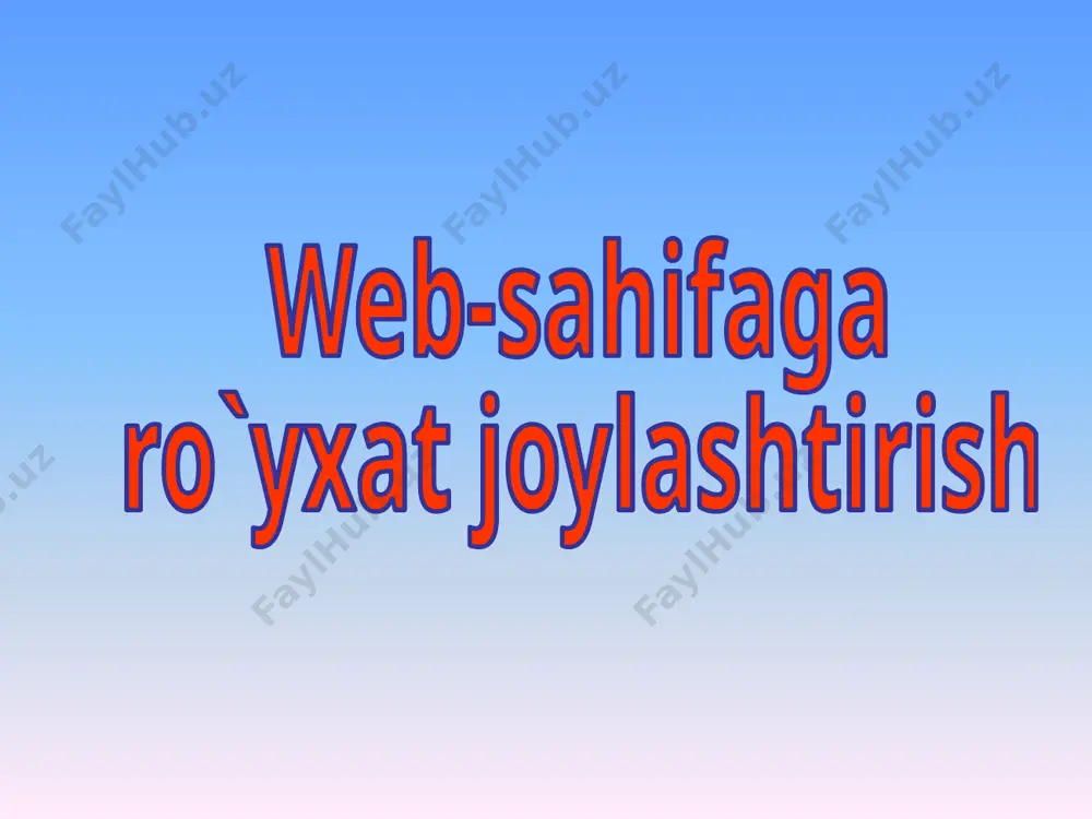 rim raqamlari orqali tartiblanishi lozim bo’lsa, u holda tegi type parametri bilan birga ishlatiladi. huddi shunday tegi ham type va value parametrlari bilan birga ishlatilishi mumkin. quyidagi misol web-sahifada turli ko’rinishdagi tartiblangan ro’yxat qanday joylashtirilishini yaqqol ifodalab beradi: ba’zan web-sahifalar go’zal va maftunkor bo’lishi uchun markerli ro’yxatda marker sifatida grafik tasvirlardan foydalanilganini ko’rish mumkin. lekin, web-sahifada grafik elementlarni borligi uzatilayotgan ma’lumot hajmini oshirib yuboradi. rasmli ro’yxatni tashkil etishda tegining zaruriyati bo’lmaydi. rasmli ro’yxat elementlarini bir-biridan ajratish uchun yoki teglaridan foydalanish mumkin. grafik markerli ro’yxat qanday hosil qilinishini quyidagi misolda ko’rish mumkin: eslatib o’tamiz, bu yerda “barglar.gif” grafik fayl bo’lib, u shu web-sahifa saqlanayotgan katalogda joylashgan. internet tarmog’ida juda ko’p o’rgatuvchi web-saytlar joylashtirilgan bo’lib, ular yordamida biror fanni, fan qismini yoki dasturiy vositalardan foydalanishni o’rganish mumkin. ma’lumki, biror fan yoki dasturiy vosita zaruriy atama va tushunchalarni o’z ichiga oladi. bu atama va tushunchalarni web-sahifada ta’riflash uchun (definition list – ta’riflash ro’yxati) …