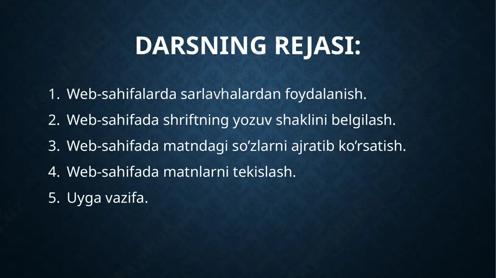 tndagi so’zlarni qalin, og’ma yoki tagchiziqli ko’rinishda yozish bilan erishish mumkin. html tilida ushbu vazifani bajarish uchun quyidagi juft teglardan foydalaniladi: ( ) – qalin shrift (bold), ( yoki ) – og’ma shrift (italic), - tagchiziqli shrift (underline). ana endi ushbu teglardan qanday foydalanishni ko’rib chiqamiz. web-sahifada matndagi so’zlarni ajratib ko’rsatish bu yerda yangi abzats hosil qilish uchun juft tegi va yangi satrga o’tish uchun toq tegidan foydalanildi. web-sahifada matndagi so’zlarni ajratib ko’rsatish sahifani web-brauzerda ko’rinishi. web-sahifada matnlarni tekslash web-sahifada matnni sahifada turlicha (ya’ni, sahifaning chap qismiga, o’rtasiga, o’ng qismiga yoki sahifa kengligi bo’yicha) tekislash mumkin. buning uchun html tilida juft tegiga (yoki , , …, juft teglariga) align (inglizcha, tekislash) parametrini qo’shish orqali amalga oshiriladi: . joylashtirish parametri qiymati o’rniga “left” (chap), “right” (o’ng), “center” (markaz), “justify” (kenglik) so’zlaridan biri yoziladi. ana endi abzatslarni web-sahifada joylashtirishga misollar ko’rib chiqamiz. web-sahifada matnlarni tekslash web-sahifada matnlarni tekslash sahifani web-brauzerda ko’rinishi. uyga …