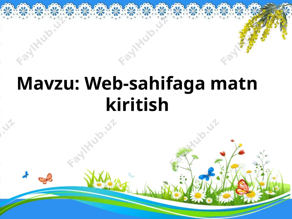 tilishi mumkin. bu holda web-sahifada bir nechta sarlavha ishlatishga to‘g‘ri keladi. masalan, shaxsiy web-sahifangizga o‘z haqingizda, qiziqishlaringiz, yoqtirgan filmlar haqida ma’lumot kiritsangiz, mos ravishda “o‘zim haqimda”, “qiziqishlarim”, “mening oilam” kabi sarlavhalar qo‘yishingiz mumkin. ba’zan, bir sarlavha matnini yirik harflar bilan yozish kerak bo‘lsa, boshqasini maydaroq shriftda yozish zarur bo‘lib qoladi. yangi mavzuni o’rganish html tili 6 ta pog‘ona sarlavha qo‘yish imkonini beradi. buning uchun html tilida quyidagi juft teglar mavjud: , , , , , . demak, bu teglarning har biri uchun mos ravishda yopiluvchi (yakunlovchi) teglar ( , …, ) ham bor (“h” belgisi “heading”, ya’ni inglizcha sarlavha so’zining bosh harfi). ms word dasturida ishlaganingizda shrift o’lchami (masalan, 27), shrift yozuv shakli (masalan, times new roman), yozuv stili (masalan, sarlavha1), rangga to’yinganligi (masalan, qalin) kabi tushunchalar bilan tanishgan edingiz. shularni e’tiborga olib ms wordda tayyorlangan matndagi sarlavhalarni html tilida tayyorlangan web-sahifadagi sarlavha-lar bilan quyidagicha taq-qoslash mumkin: obrazets teksta vtoroy …