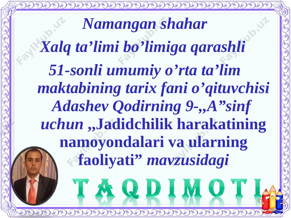 arni ajratib bering. 6.hududiy hususiyatiga ko’ra jadidchilik bo’linishini aytib bera olasizmi? 7.yurtimizning qaysi shaharlari jadidchilik markazlari hisoblangan ? 8. turkiston xalqlarining milliy ozodlik harakatlarida g’oyaviy rahnamolari kimlar bo’lgan ? jadidchilik harakatining ustuvor vazifasi hisoblangan yo’nalishlarni aytib bering. yangi usul maktablari tarmog’ini kengaytirish qobilyatli yoshlarni chet elga o’qishga yuborish turli ma’rifiy jamiyatlar va teatr truppalarini tuzish gazeta va jurnallar chop etish xalqning ijtimoiy-siyosiy va madaniy ongini o’stirish orqali turkistonda milliy demokratik davlat qurish 2017-2021 yillarga mo’ljallangan harakatlar strategiyasining 5 ta ustuvor yo’nalishlari 1. davlat va jamiyat qurilish tizimini takomillashtirish 2. qonun ustuvirligini ta’inlash va sdud –huqu tizimini yanada isloh qilish 3. iqtisodiyotni rivojlantirish va liberallashtirish 4. ijtimoiy sohani rivojlantirish 5. xavfsizlik, diniy bag’rikenglik va millatlararo totuvlik, o’zaro manfaatli va amaliy tashqi siyosat pq 3160-sonli qaror mazmunini aytib bering. o’zbekiston respublikasi prezidenti shavkat mirziyoyevning ,,ma’naviy-ma’rifiy ishlar samaradorligini oshirish va sohani rivojlantirishni yangi bosqichga ko’tarish to’g’risida”gi 3160-sonli qarori 2. diniy ekstremizm 3. aqidaparastlik …