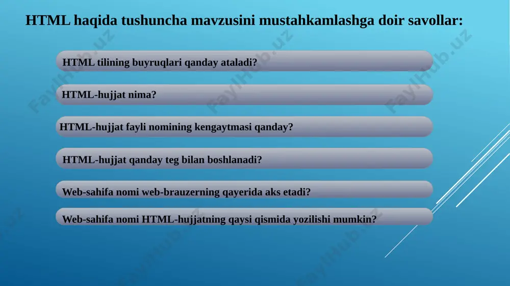shrift) juft tegi face parametri bilan qo’llanadi: matn . sizga ma’lumki, shriftning yozuv shakliga times new roman, verdana, elephant kabilar kiradi. bitta web-sahifada bir nechta yozuv shaklini ishlatish mumkin. ba’zan biror web-brauzer shriftning kerakli yozuv shaklini ko’rsata olmasligi mumkin. shuning uchun har ehtimolga qarshi bu tegning bir nechta parametri qiymatlarini vergul bilan ajartib yozish maqsadga muvofiq: . web-brauzer teg parametri qiymatlarini chapdan boshlab o’qiydi va biri bo’lmasa keyingisini qidiradi. quyida shriftning yozuv shaklini qo’llashga oid misol keltirilgan: ba’zan, matnning biror qismiga e’tiborni jalb etish uchun ba’zi so‘zlar biror xususiyat bilan ajratib ko‘rsatiladi. ms word hujjatida bunga matndagi so‘zlarni qalin, og‘ma yoki tagchiziqli ko‘rinishda yozish bilan erishish mumkin edi. html tilida ham shunday imkoniyat bo’lib, quyidagi juft teglardan foydalaniladi - qalin shrift (bold) - og‘ma shrift (italik) - tagchiziqli shrift (underline) ms word dasturida uskunalari yordamida matnni sahifada turlicha (ya’ni, sahifaning chap qismida, o‘rtasida, o‘ng qismida yoki sahifa kengligi bo‘yicha) joylashtirish …